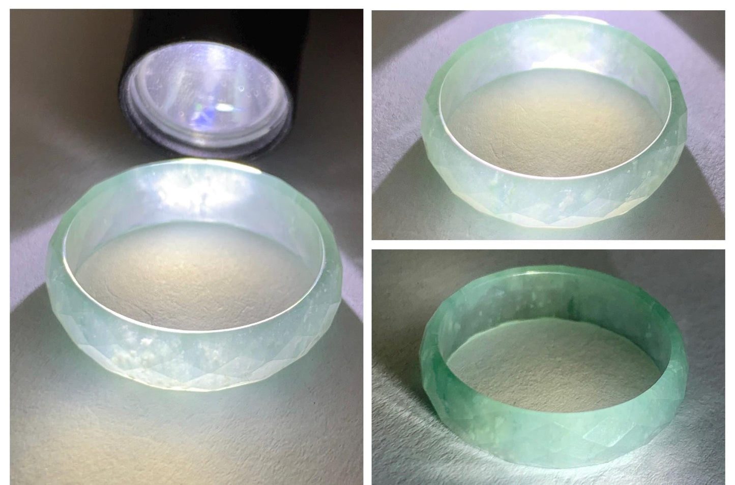 Natural Grade A Guatemalan Icy Highly Translucent Pale Teal Jade Jadeite Diamond Faceted Band Ring Size 9 US 天然冰危浅蓝绿翡翠切割面戒圈戒指 WQD110C