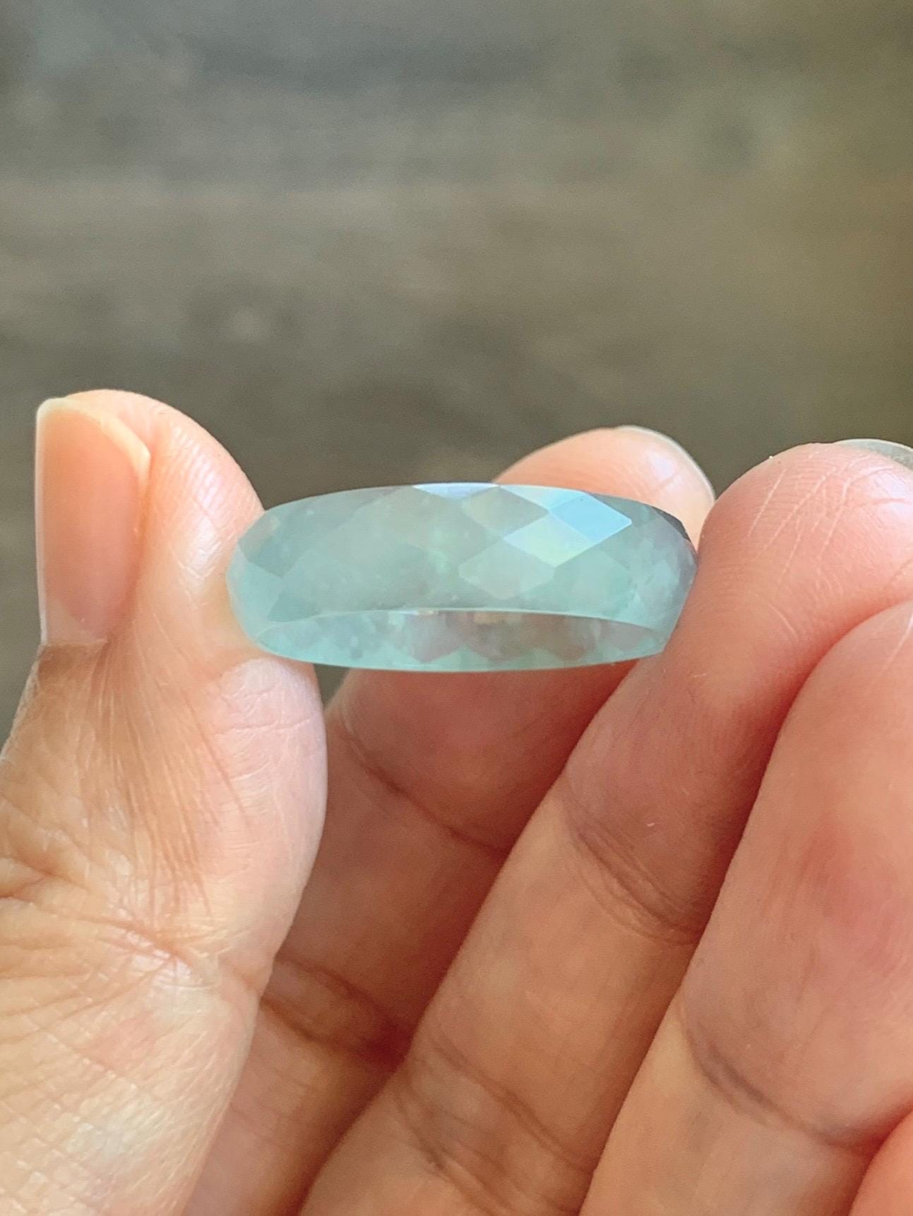 Natural Grade A Guatemalan Icy Highly Translucent Pale Teal Jade Jadeite Diamond Faceted Band Ring Size 9 US 天然冰危浅蓝绿翡翠切割面戒圈戒指 WQD110C