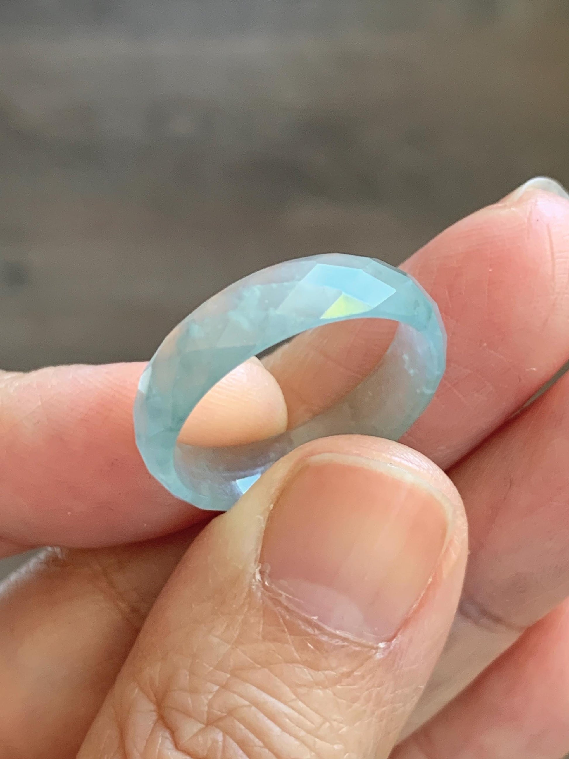 Natural Grade A Guatemalan Icy Highly Translucent Pale Teal Jade Jadeite Diamond Faceted Band Ring Size 9 US 天然冰危浅蓝绿翡翠切割面戒圈戒指 WQD110C