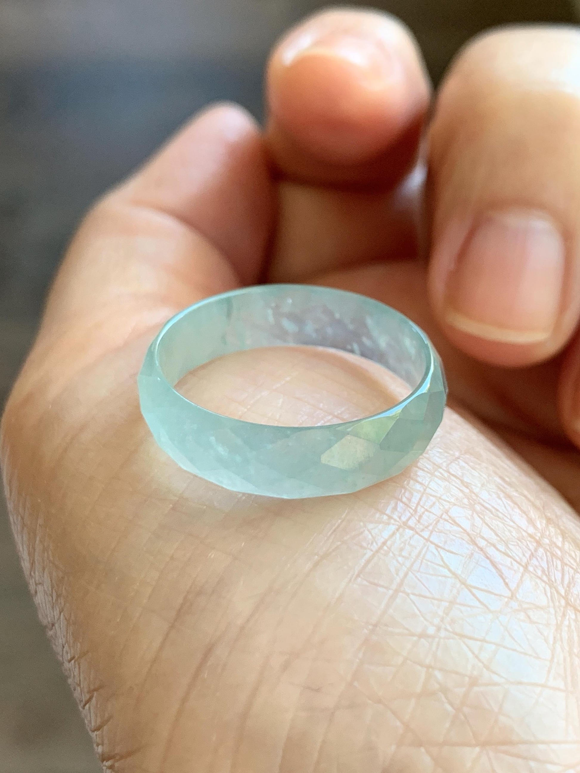 Natural Grade A Guatemalan Icy Highly Translucent Pale Teal Jade Jadeite Diamond Faceted Band Ring Size 9 US 天然冰危浅蓝绿翡翠切割面戒圈戒指 WQD110C