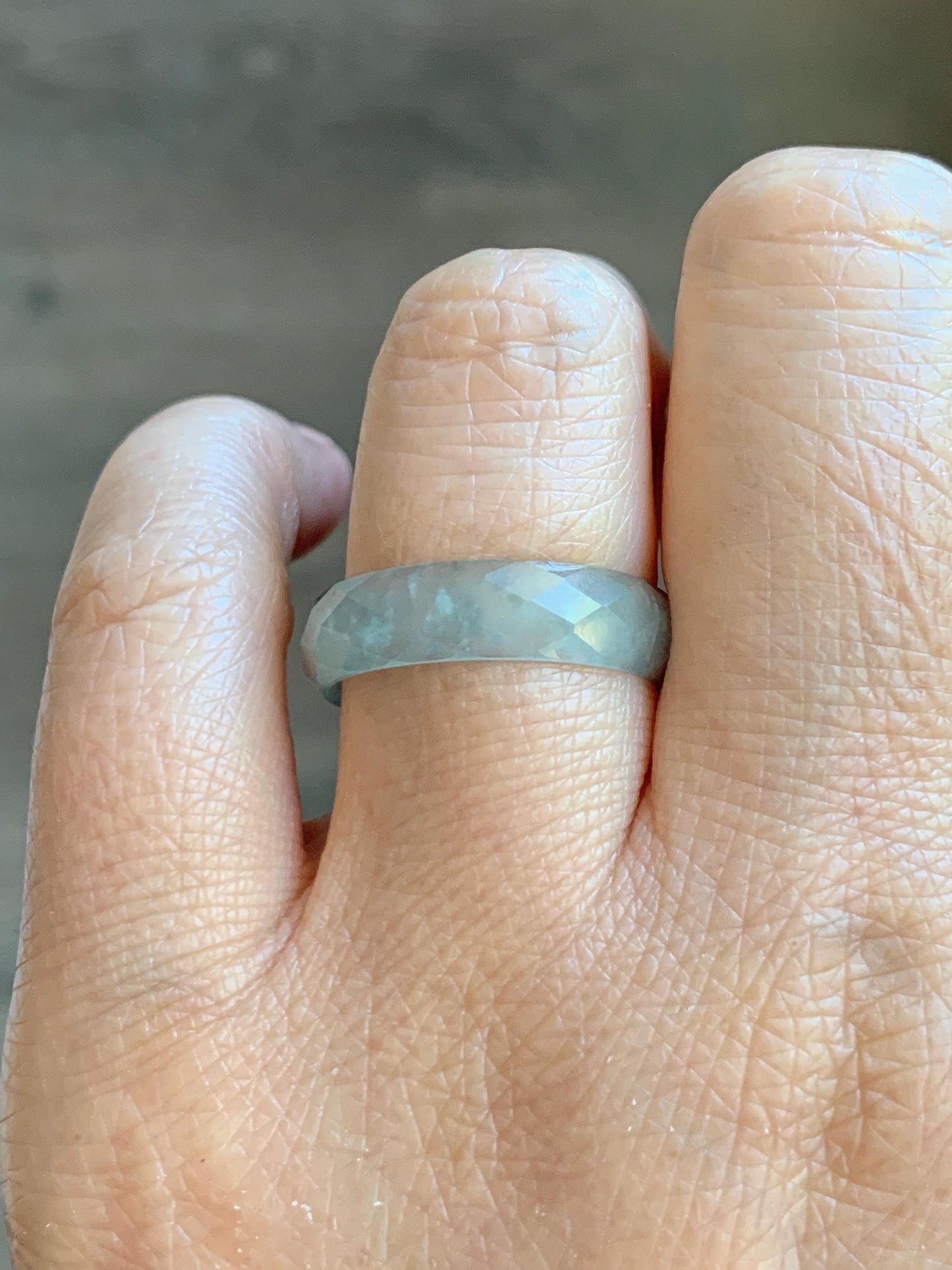 Natural Grade A Guatemalan Icy Highly Translucent Pale Teal Jade Jadeite Diamond Faceted Band Ring Size 9 US 天然冰危浅蓝绿翡翠切割面戒圈戒指 WQD110C