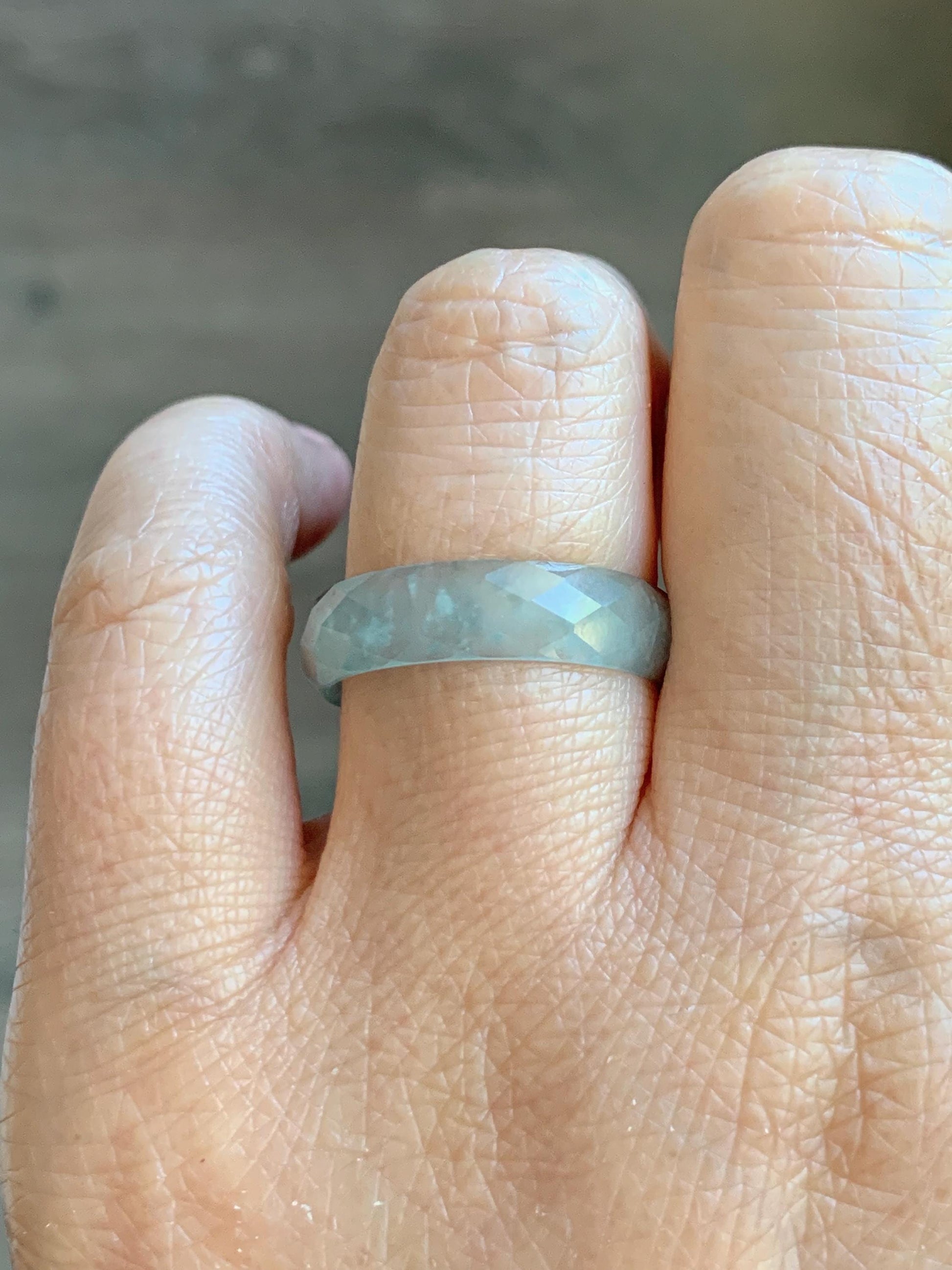 Natural Grade A Guatemalan Icy Highly Translucent Pale Teal Jade Jadeite Diamond Faceted Band Ring Size 9 US 天然冰危浅蓝绿翡翠切割面戒圈戒指 WQD110C