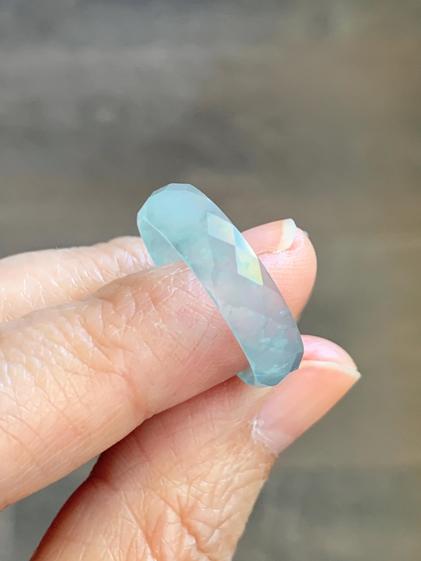 Natural Grade A Guatemalan Icy Highly Translucent Pale Teal Jade Jadeite Diamond Faceted Band Ring Size 9 US 天然冰危浅蓝绿翡翠切割面戒圈戒指 WQD110C