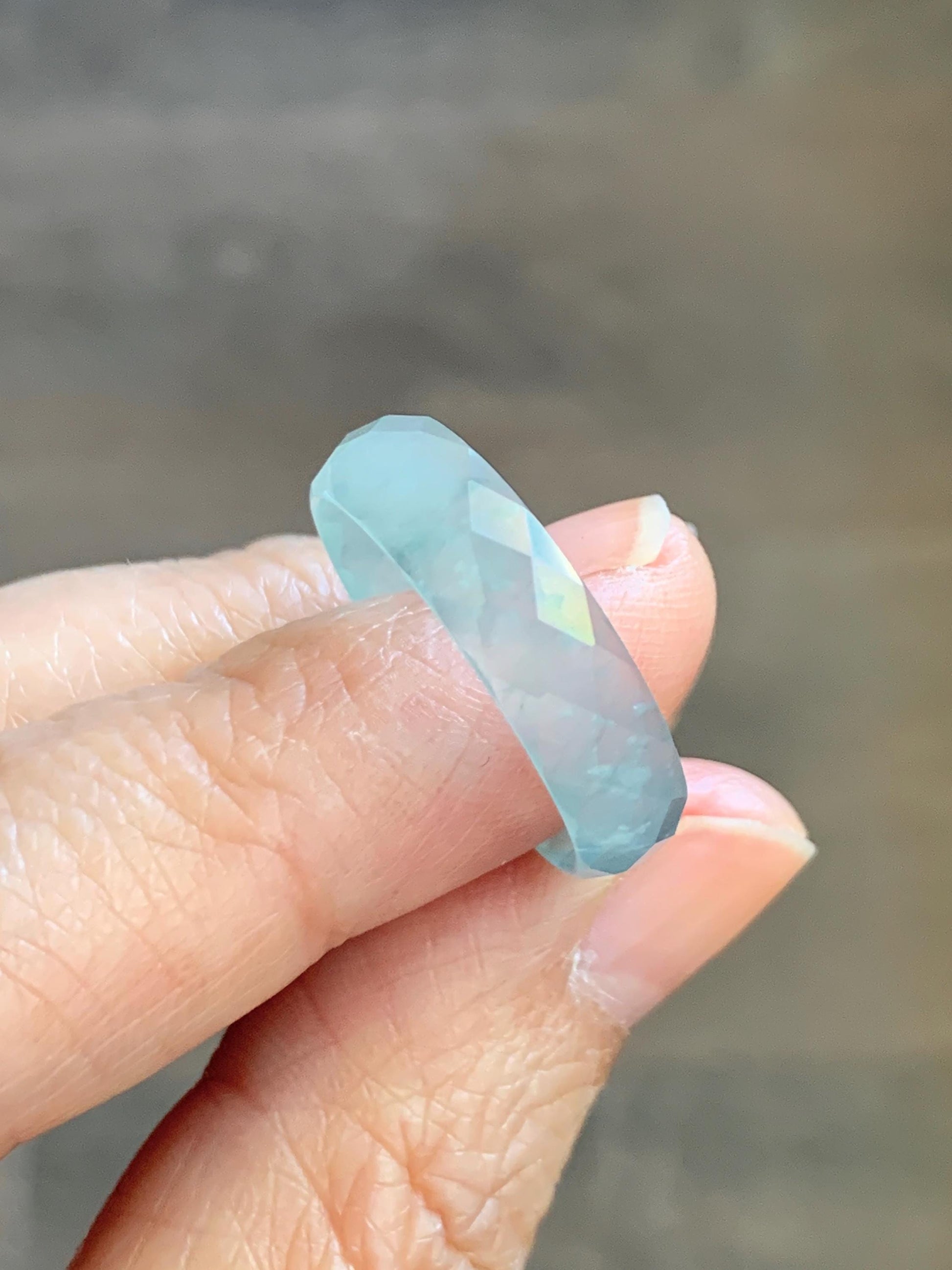 Natural Grade A Guatemalan Icy Highly Translucent Pale Teal Jade Jadeite Diamond Faceted Band Ring Size 9 US 天然冰危浅蓝绿翡翠切割面戒圈戒指 WQD110C