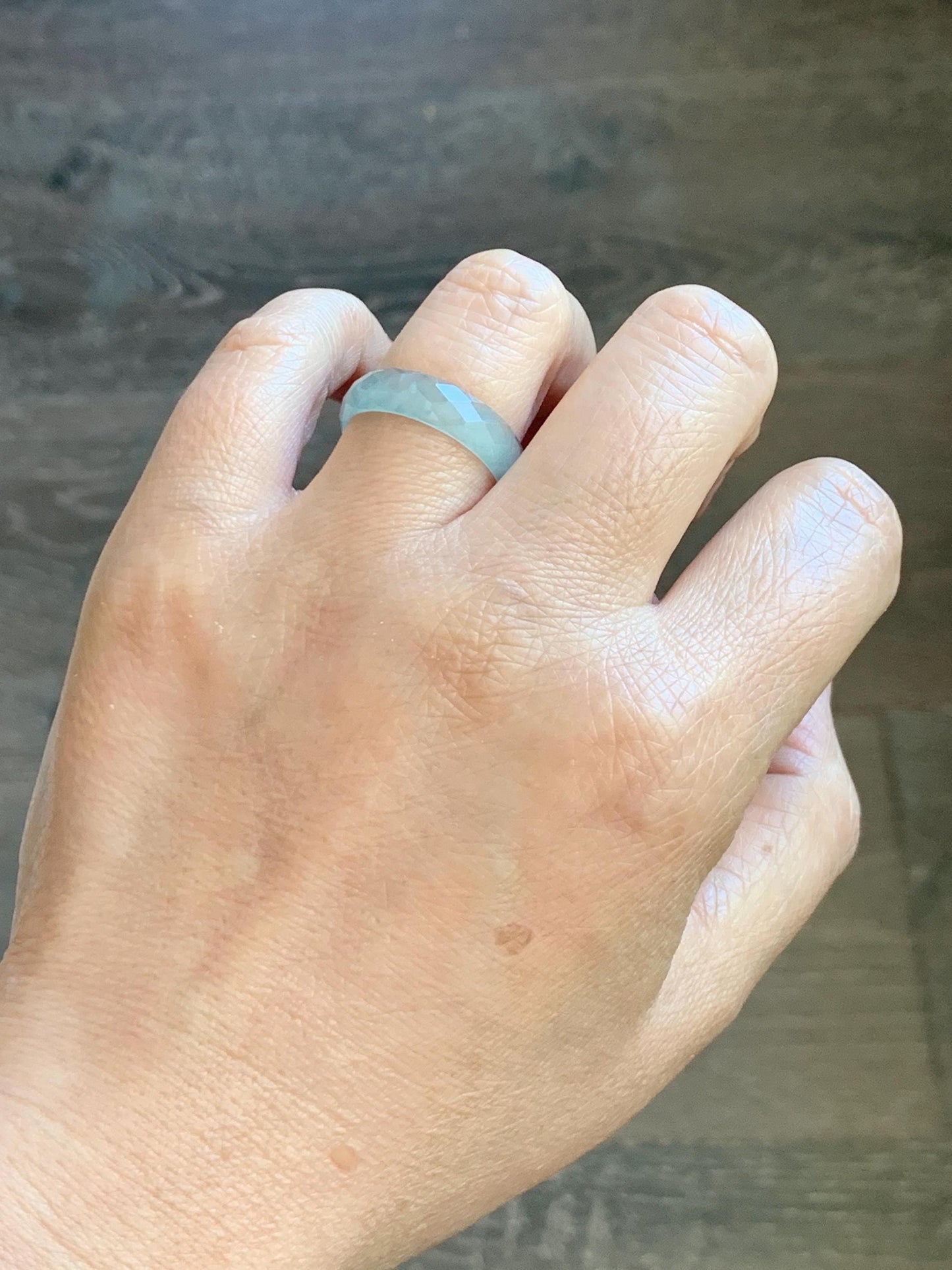 Natural Grade A Guatemalan Icy Highly Translucent Pale Teal Jade Jadeite Diamond Faceted Band Ring Size 9 US 天然冰危浅蓝绿翡翠切割面戒圈戒指 WQD110C