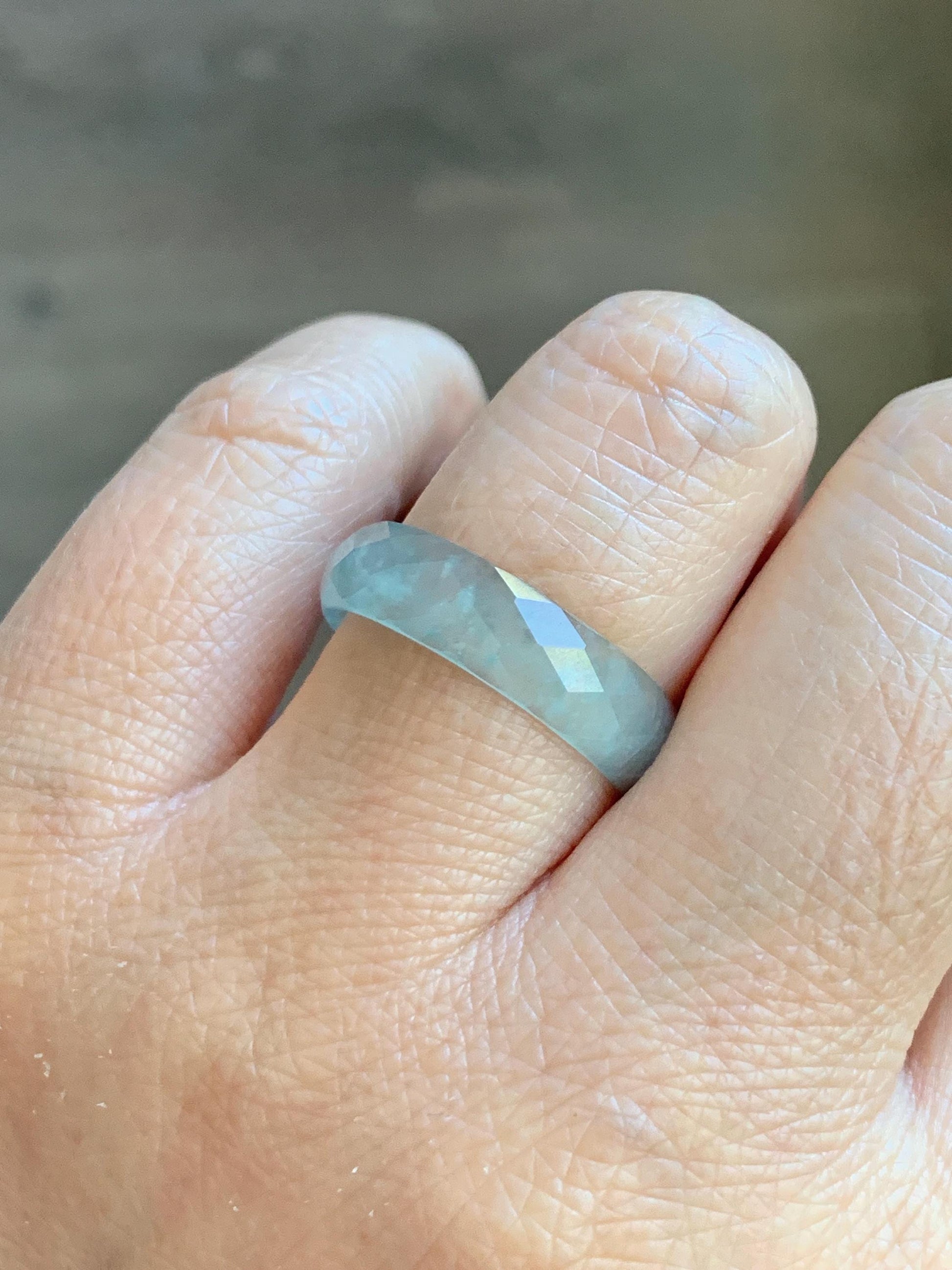 Natural Grade A Guatemalan Icy Highly Translucent Pale Teal Jade Jadeite Diamond Faceted Band Ring Size 9 US 天然冰危浅蓝绿翡翠切割面戒圈戒指 WQD110C