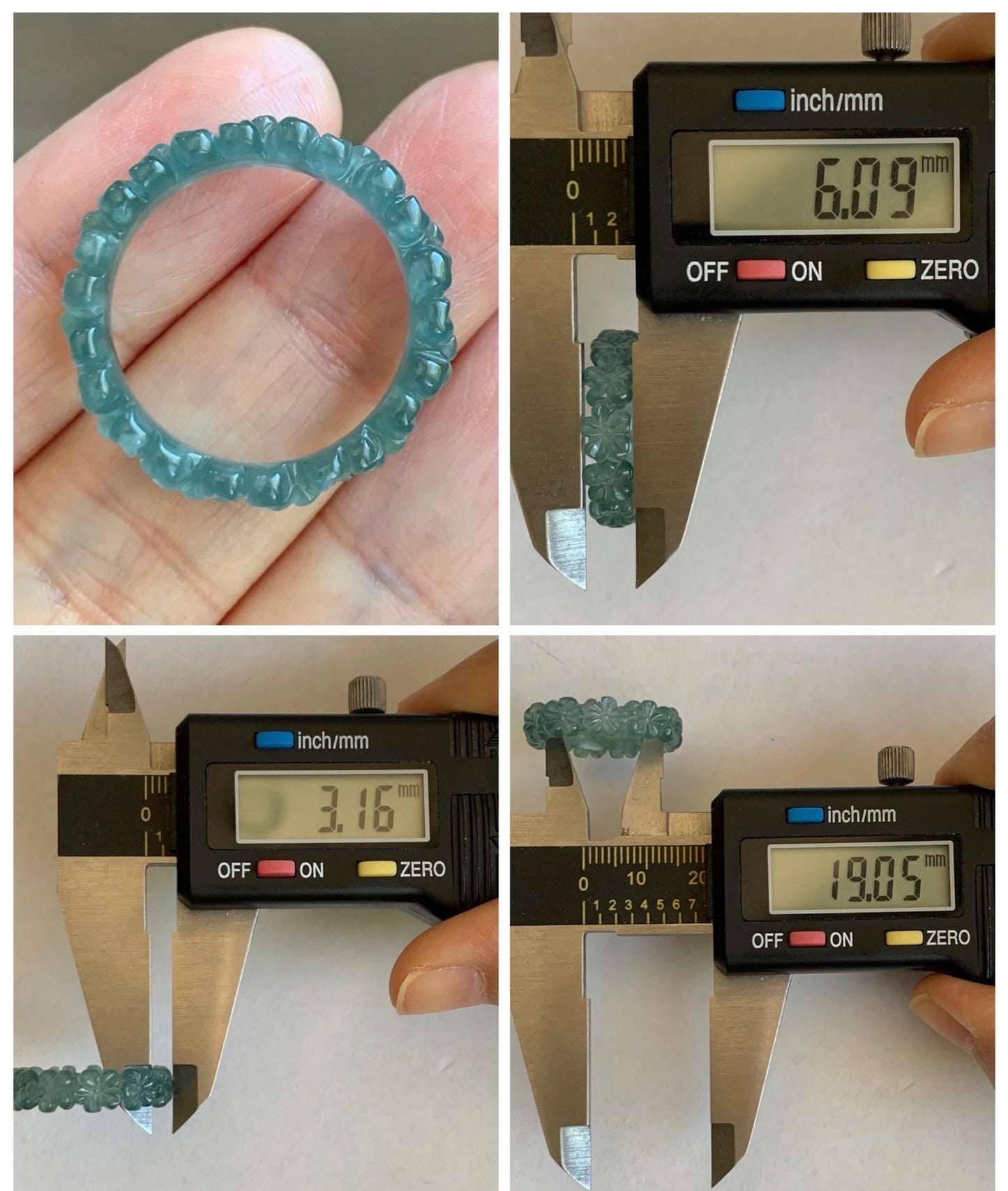 Certified Grade A Natural Guatemalan Icy Translucent Teal Blue Jade Jadeite Carved Cherry Blossom Band Ring Size 9 US 天然冰胶起光危蓝翡翠梅花戒圈 WMJ330C