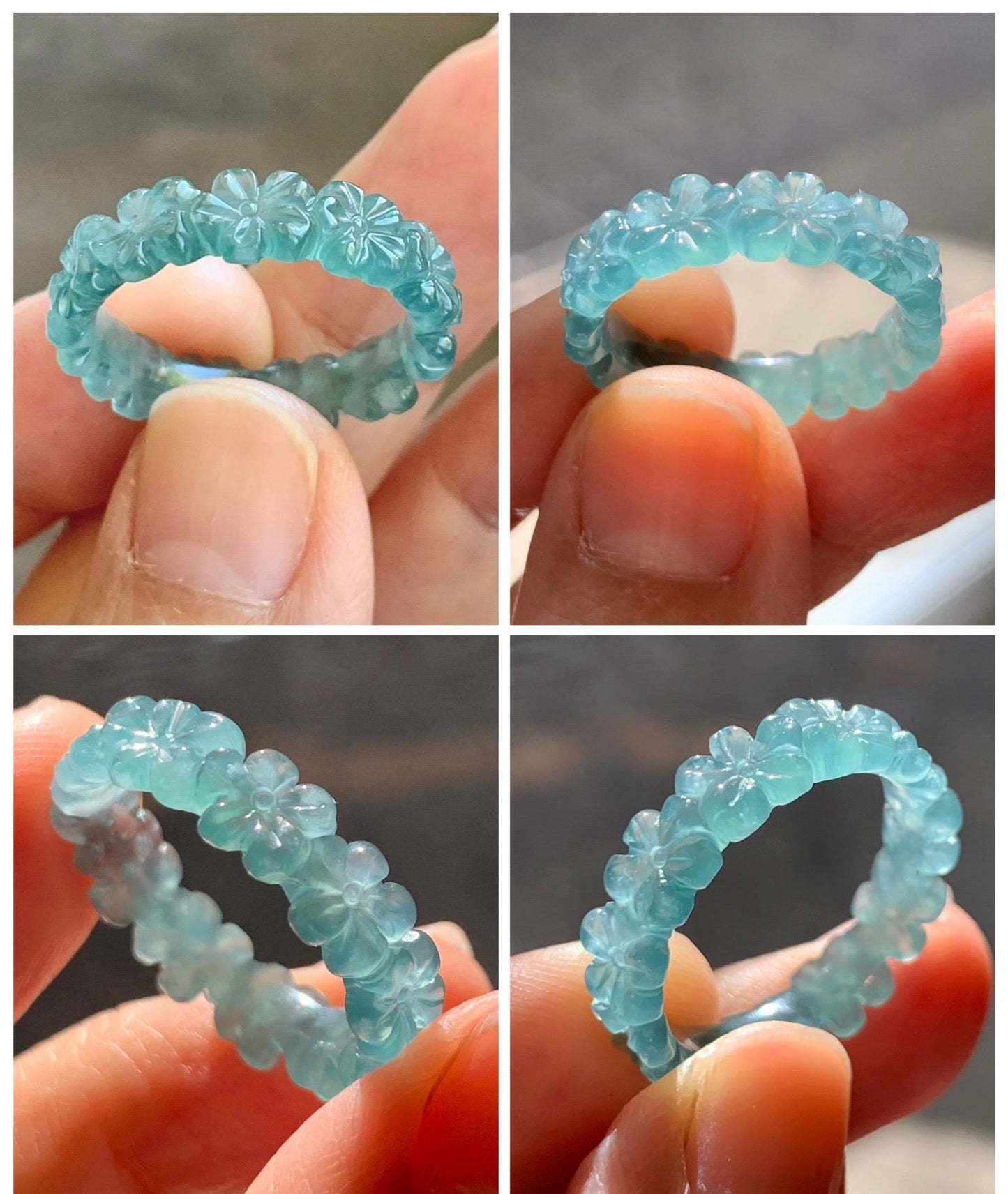 Certified Grade A Natural Guatemalan Icy Translucent Teal Blue Jade Jadeite Carved Cherry Blossom Band Ring Size 9 US 天然冰胶起光危蓝翡翠梅花戒圈 WMJ330C