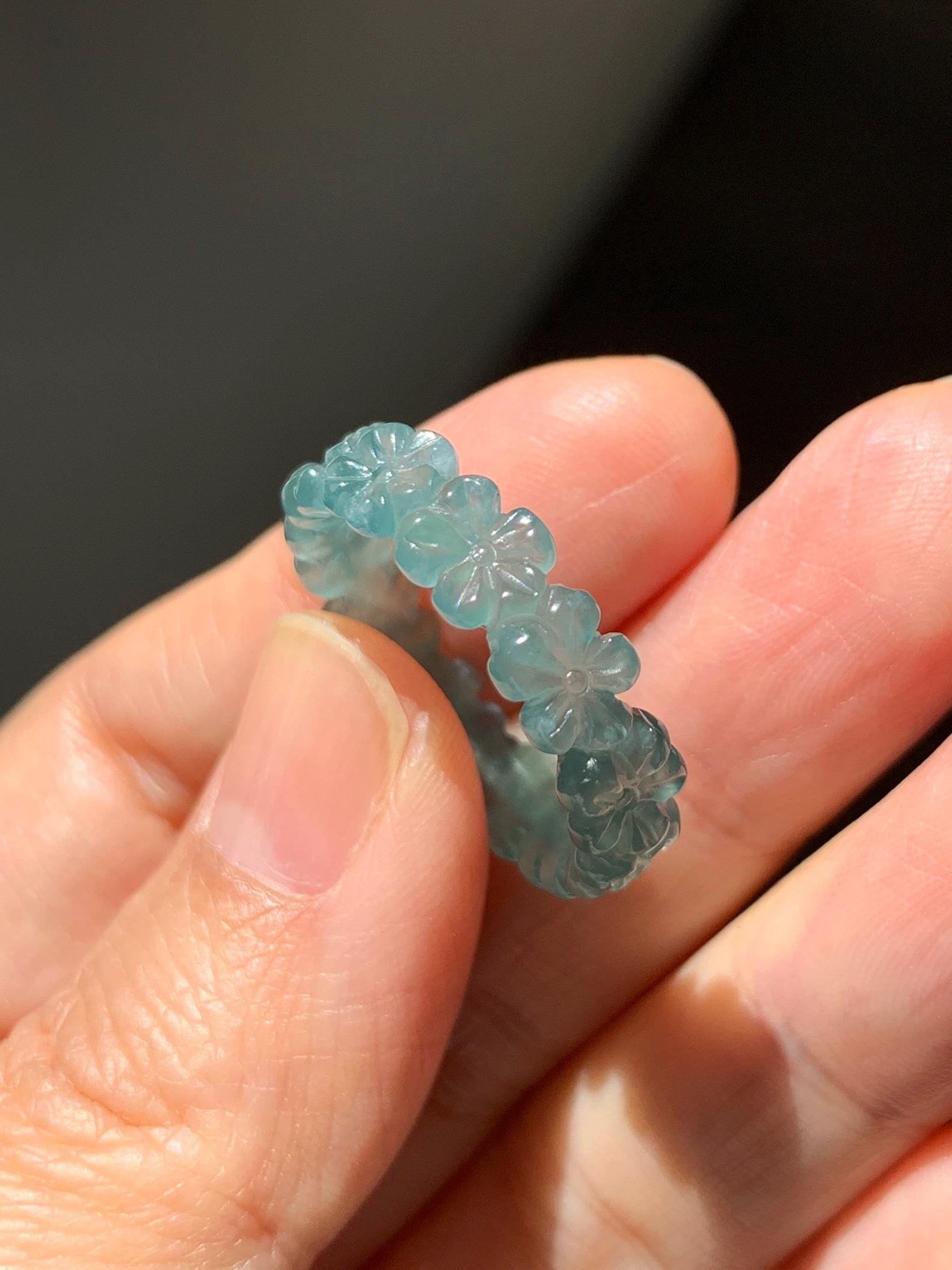 Certified Grade A Natural Guatemalan Icy Translucent Teal Blue Jade Jadeite Carved Cherry Blossom Band Ring Size 9 US 天然冰胶起光危蓝翡翠梅花戒圈 WMJ330C