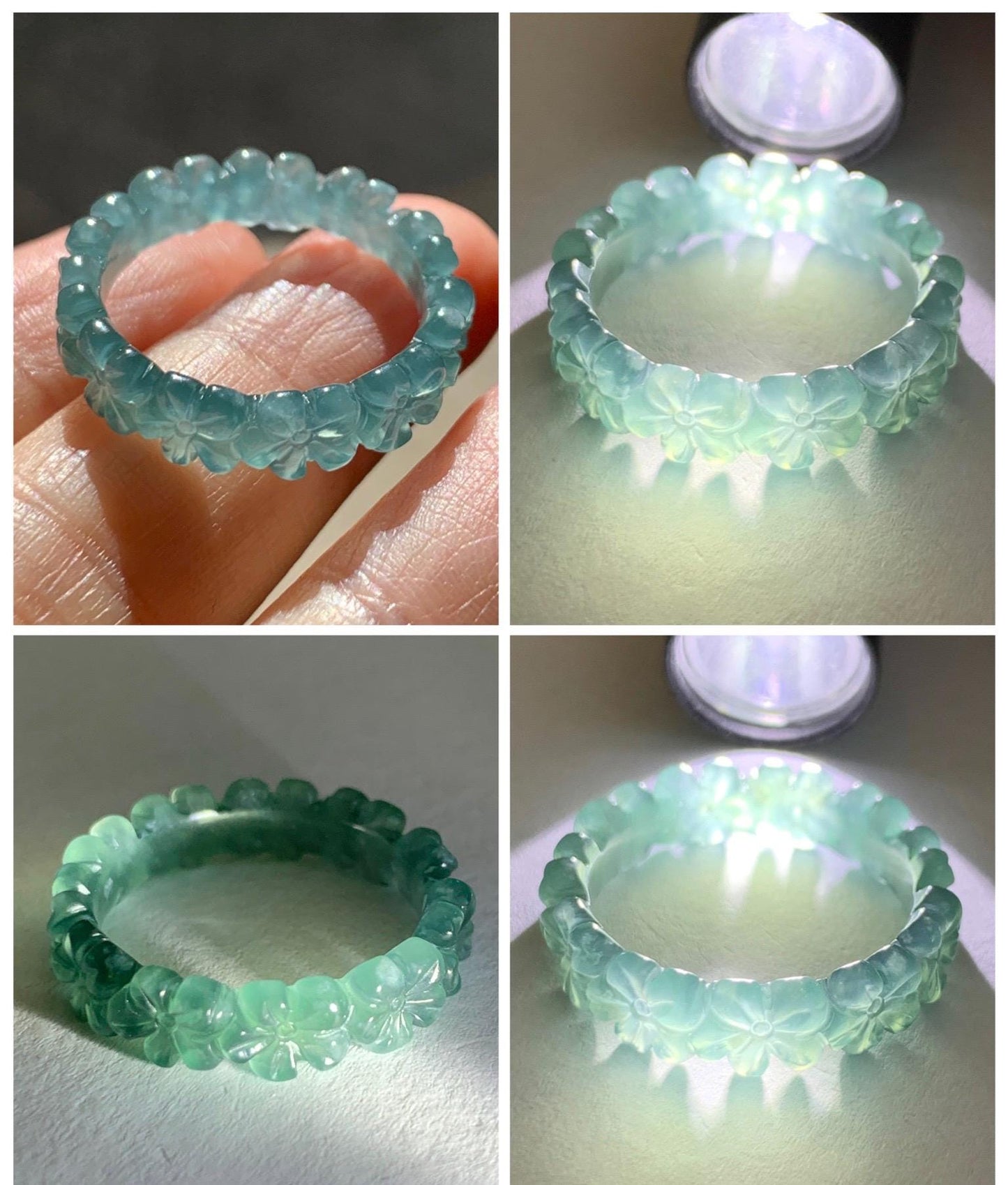 Certified Grade A Natural Guatemalan Icy Translucent Teal Blue Jade Jadeite Carved Cherry Blossom Band Ring Size 9 US 天然冰胶起光危蓝翡翠梅花戒圈 WMJ330C