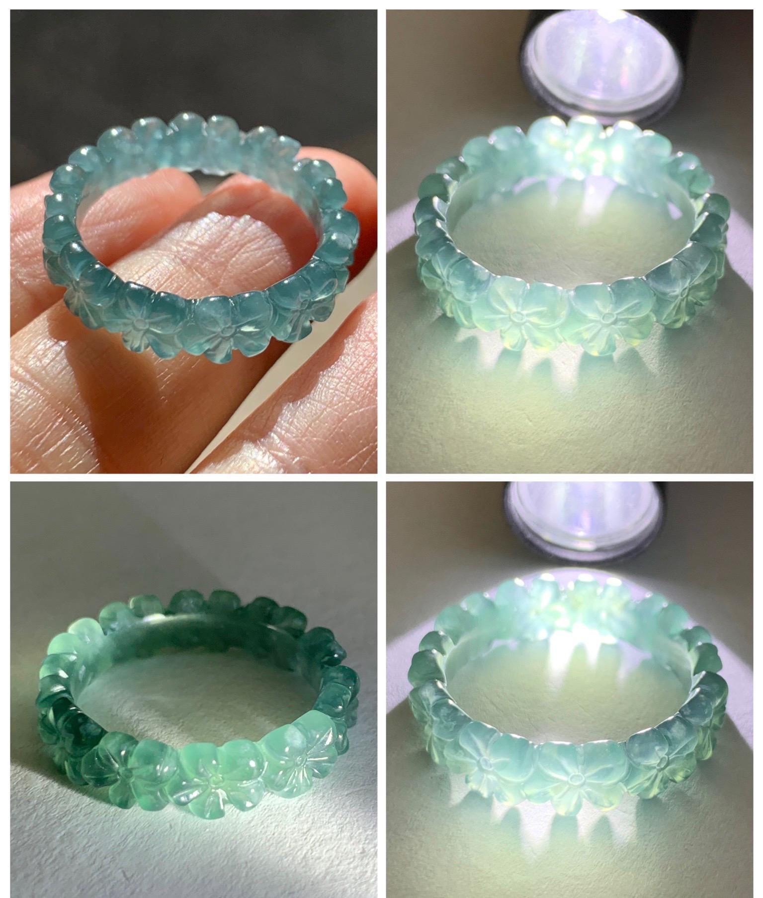 Certified Grade A Natural Guatemalan Icy Translucent Teal Blue Jade Jadeite Carved Cherry Blossom Band Ring Size 9 US 天然冰胶起光危蓝翡翠梅花戒圈 WMJ330C
