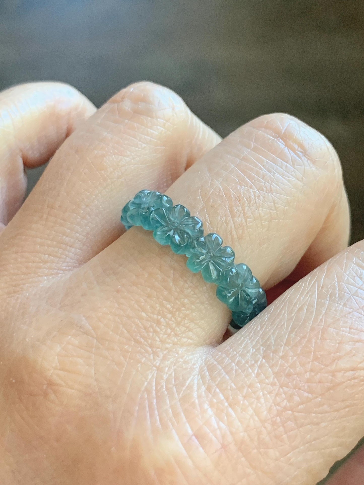 Certified Grade A Natural Guatemalan Icy Translucent Teal Blue Jade Jadeite Carved Cherry Blossom Band Ring Size 9 US 天然冰胶起光危蓝翡翠梅花戒圈 WMJ330C