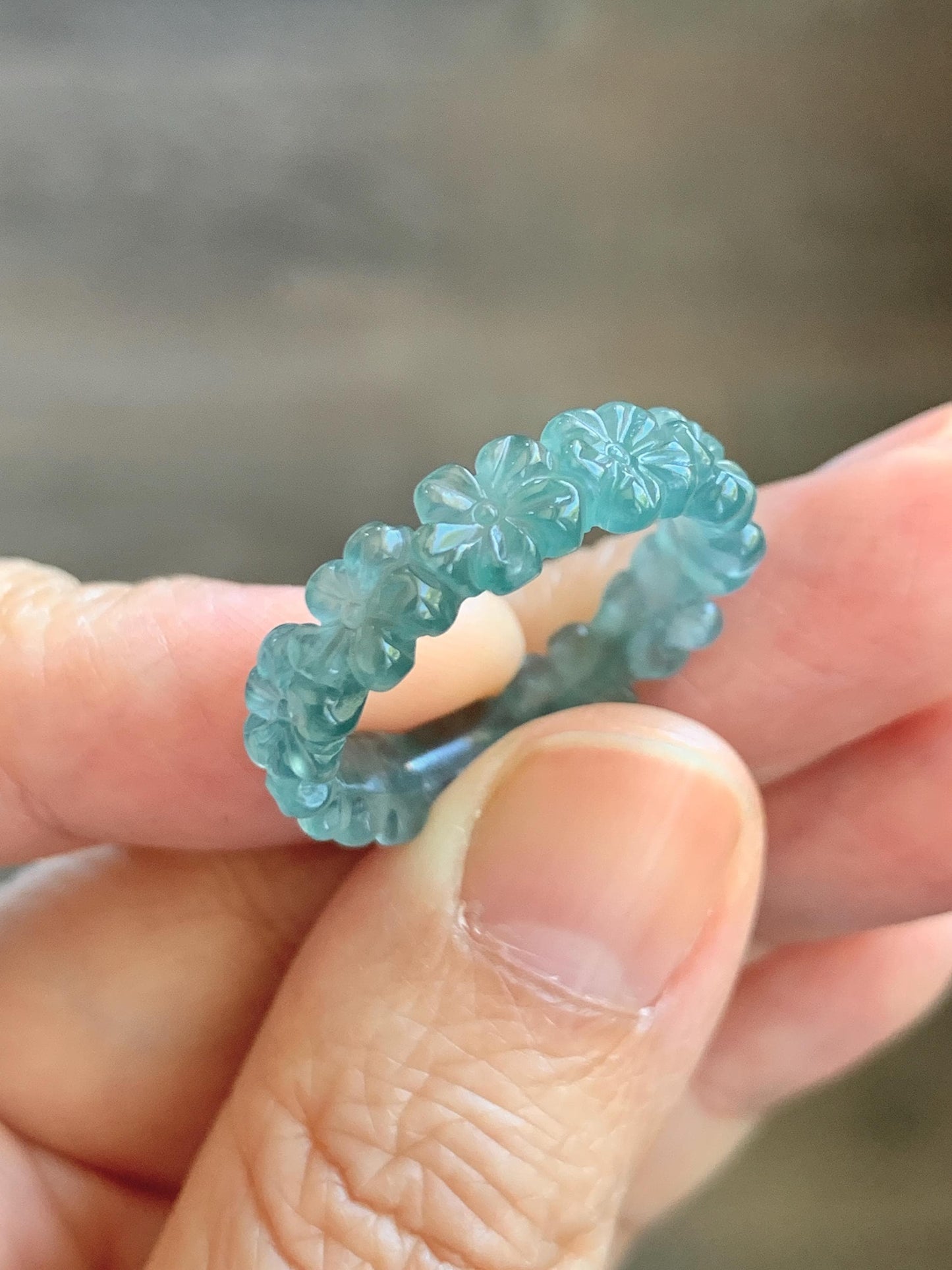 Certified Grade A Natural Guatemalan Icy Translucent Teal Blue Jade Jadeite Carved Cherry Blossom Band Ring Size 9 US 天然冰胶起光危蓝翡翠梅花戒圈 WMJ330C