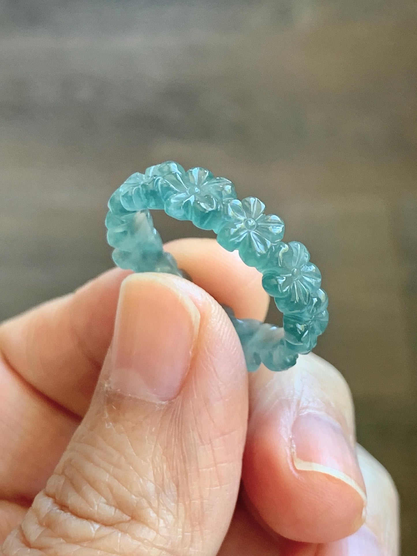 Certified Grade A Natural Guatemalan Icy Translucent Teal Blue Jade Jadeite Carved Cherry Blossom Band Ring Size 9 US 天然冰胶起光危蓝翡翠梅花戒圈 WMJ330C