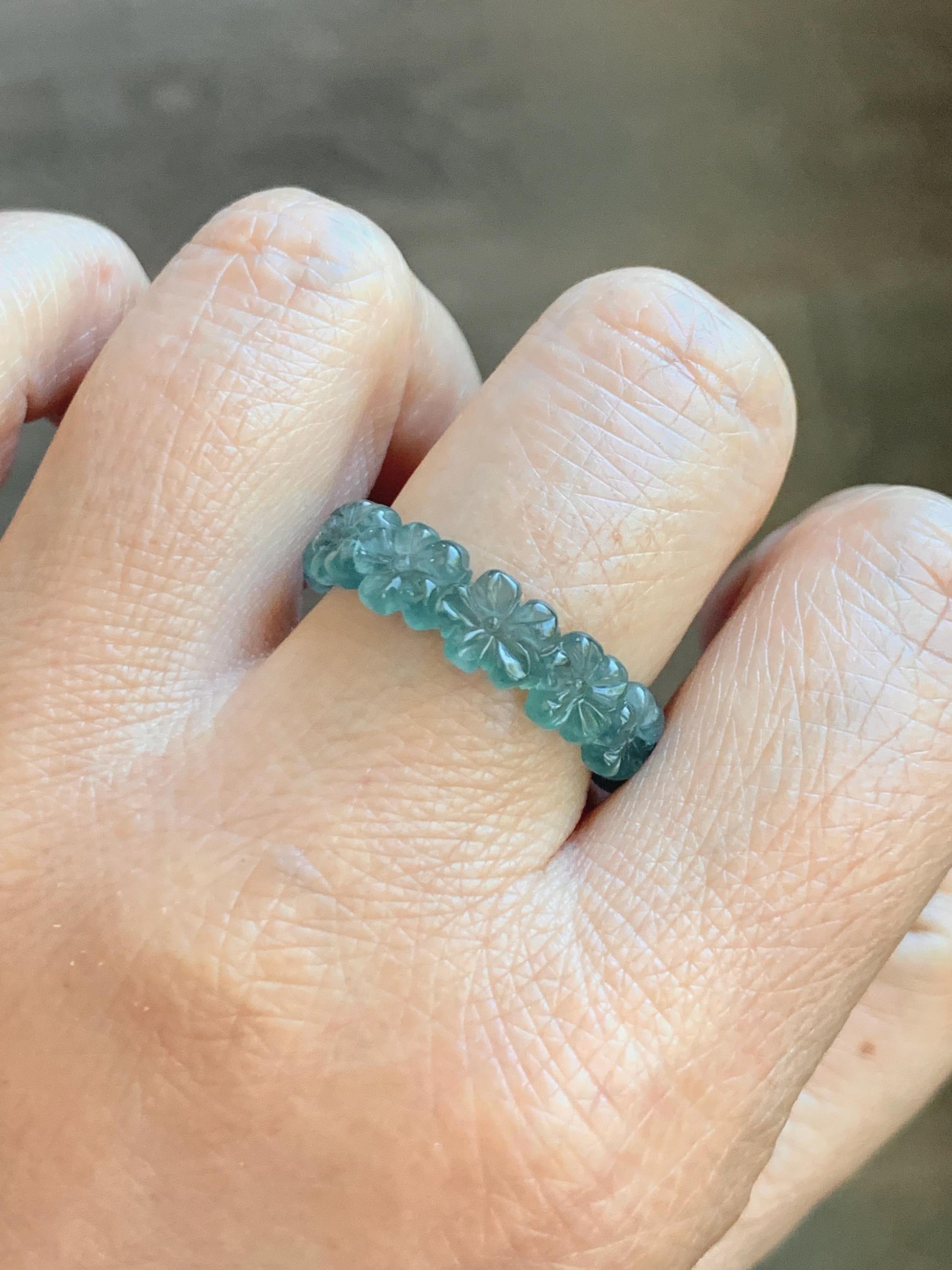 Certified Grade A Natural Guatemalan Icy Translucent Teal Blue Jade Jadeite Carved Cherry Blossom Band Ring Size 9 US 天然冰胶起光危蓝翡翠梅花戒圈 WMJ330C