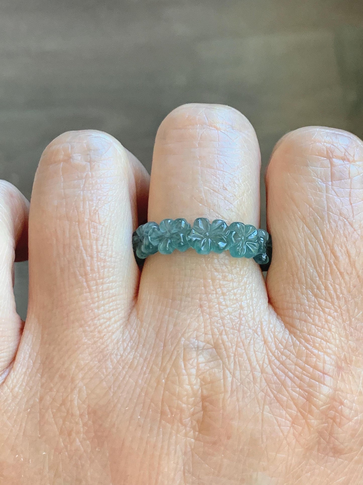 Certified Grade A Natural Guatemalan Icy Translucent Teal Blue Jade Jadeite Carved Cherry Blossom Band Ring Size 9 US 天然冰胶起光危蓝翡翠梅花戒圈 WMJ330C