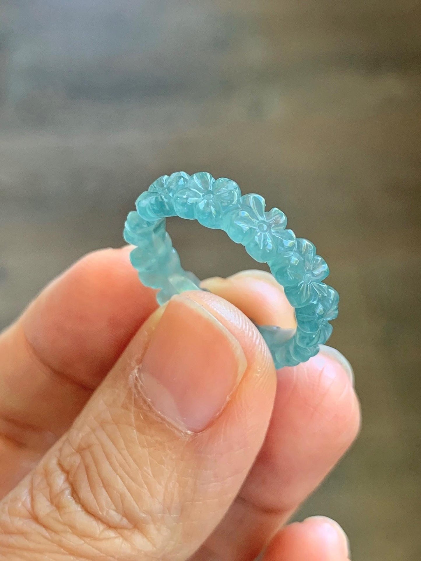 Certified Grade A Natural Guatemalan Icy Translucent Teal Blue Jade Jadeite Carved Cherry Blossom Band Ring Size 8 US 天然冰胶起光危蓝翡翠梅花戒圈 WMJ330B