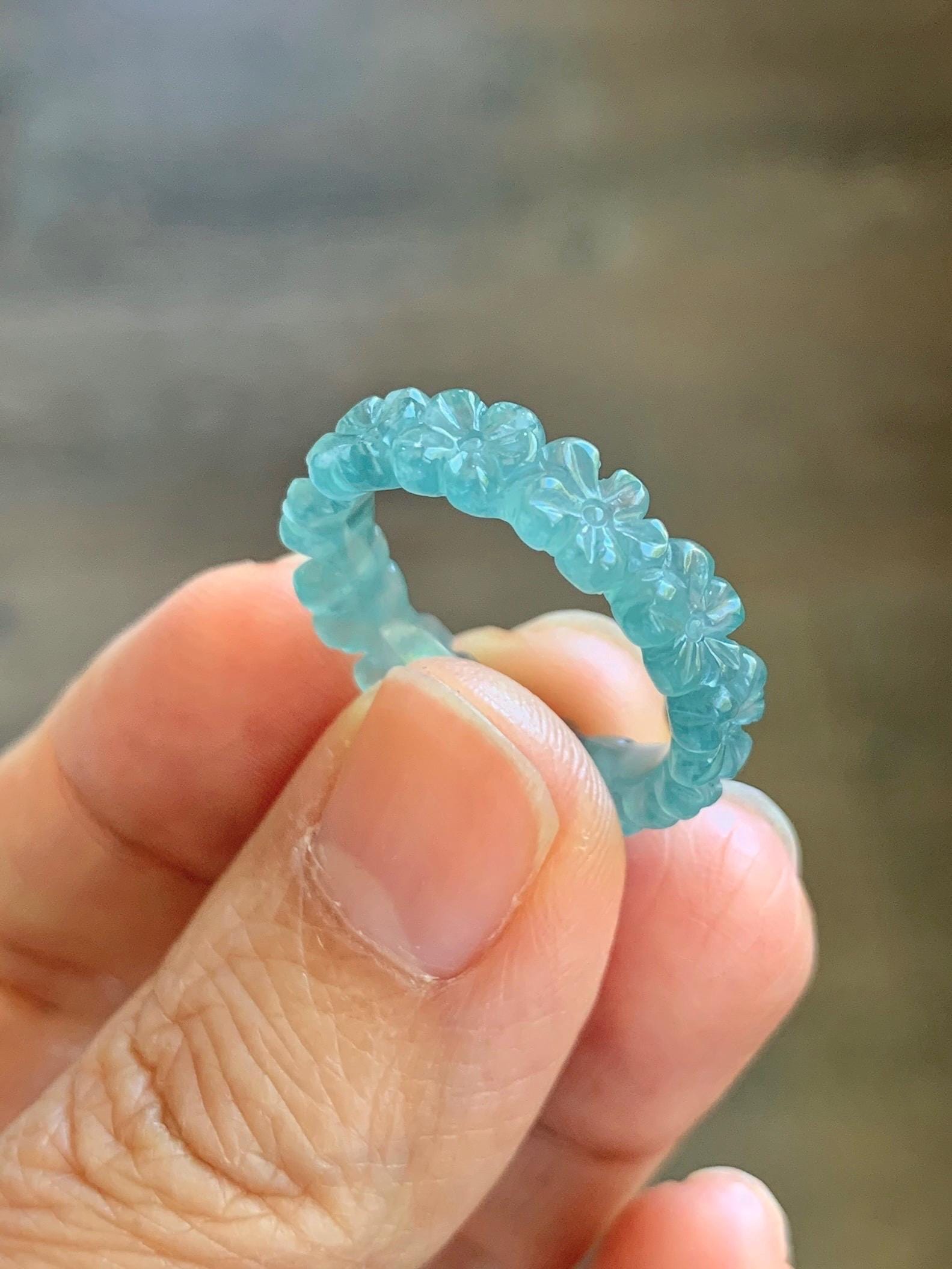 Certified Grade A Natural Guatemalan Icy Translucent Teal Blue Jade Jadeite Carved Cherry Blossom Band Ring Size 8 US 天然冰胶起光危蓝翡翠梅花戒圈 WMJ330B