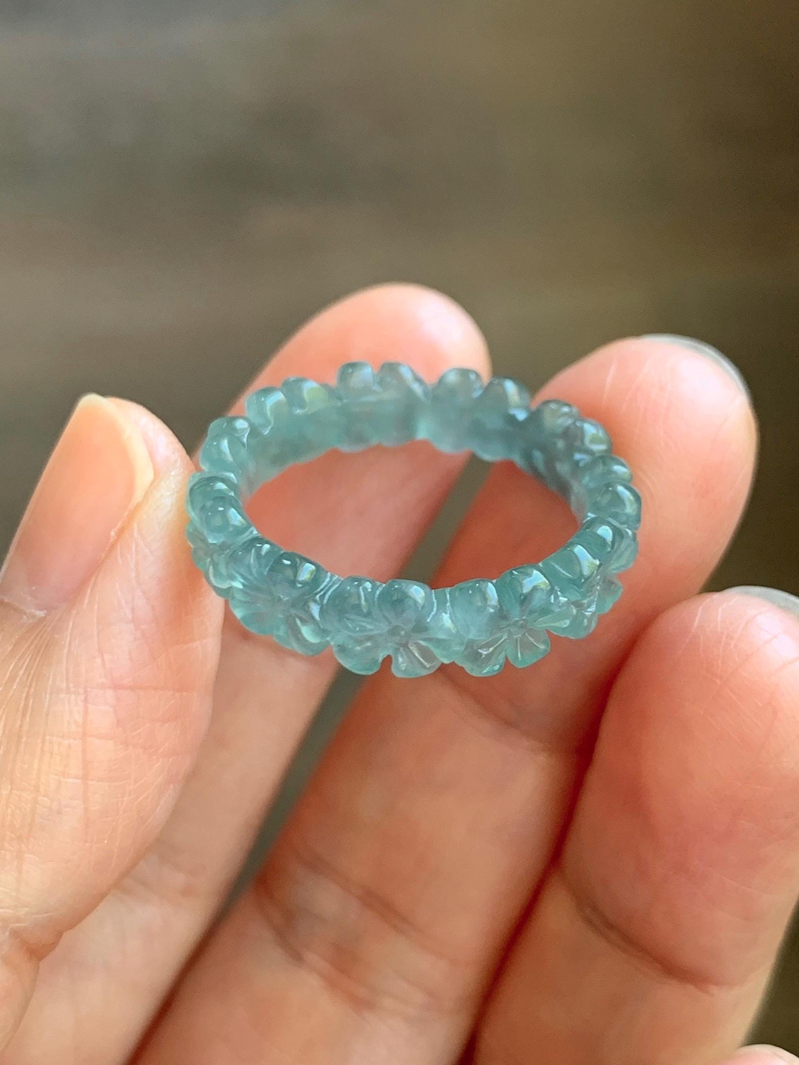 Certified Grade A Natural Guatemalan Icy Translucent Teal Blue Jade Jadeite Carved Cherry Blossom Band Ring Size 8 US 天然冰胶起光危蓝翡翠梅花戒圈 WMJ330B