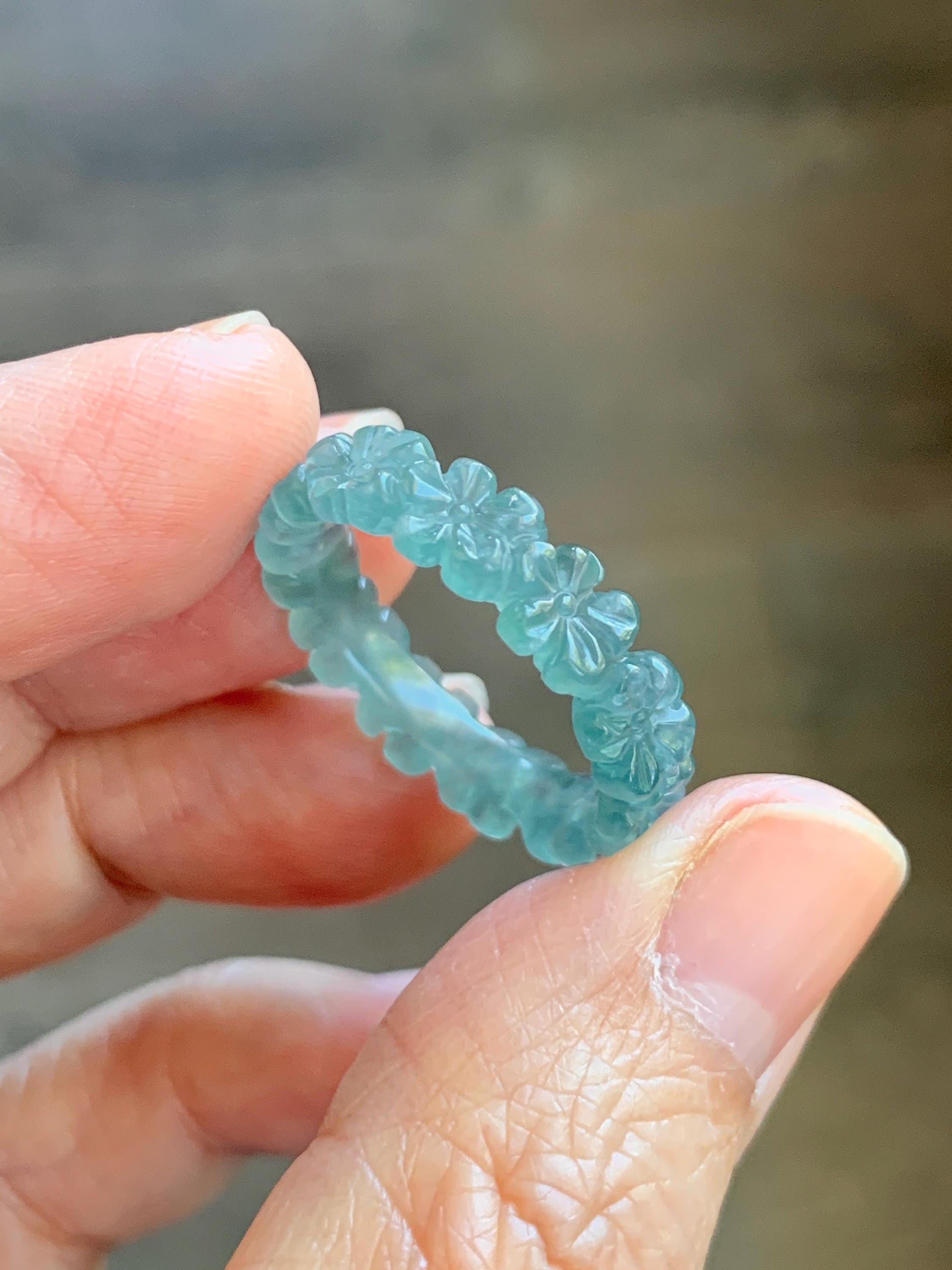 Certified Grade A Natural Guatemalan Icy Translucent Teal Blue Jade Jadeite Carved Cherry Blossom Band Ring Size 8 US 天然冰胶起光危蓝翡翠梅花戒圈 WMJ330B