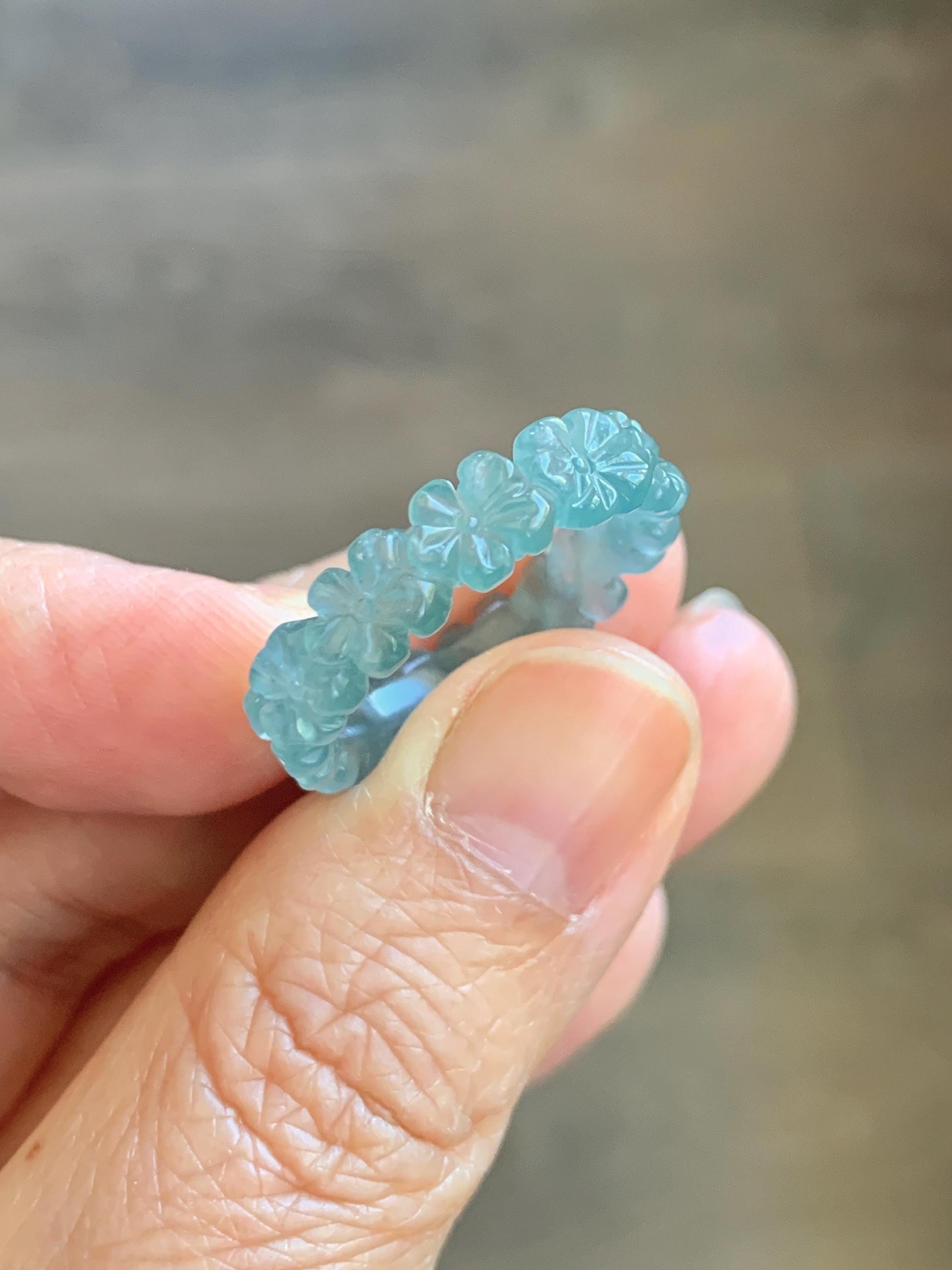 Certified Grade A Natural Guatemalan Icy Translucent Teal Blue Jade Jadeite Carved Cherry Blossom Band Ring Size 8 US 天然冰胶起光危蓝翡翠梅花戒圈 WMJ330B