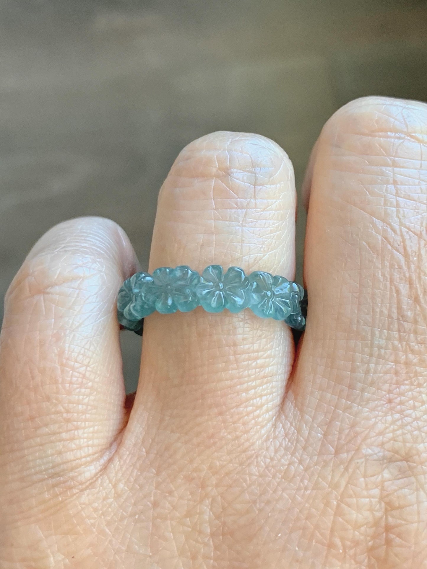 Certified Grade A Natural Guatemalan Icy Translucent Teal Blue Jade Jadeite Carved Cherry Blossom Band Ring Size 8 US 天然冰胶起光危蓝翡翠梅花戒圈 WMJ330B