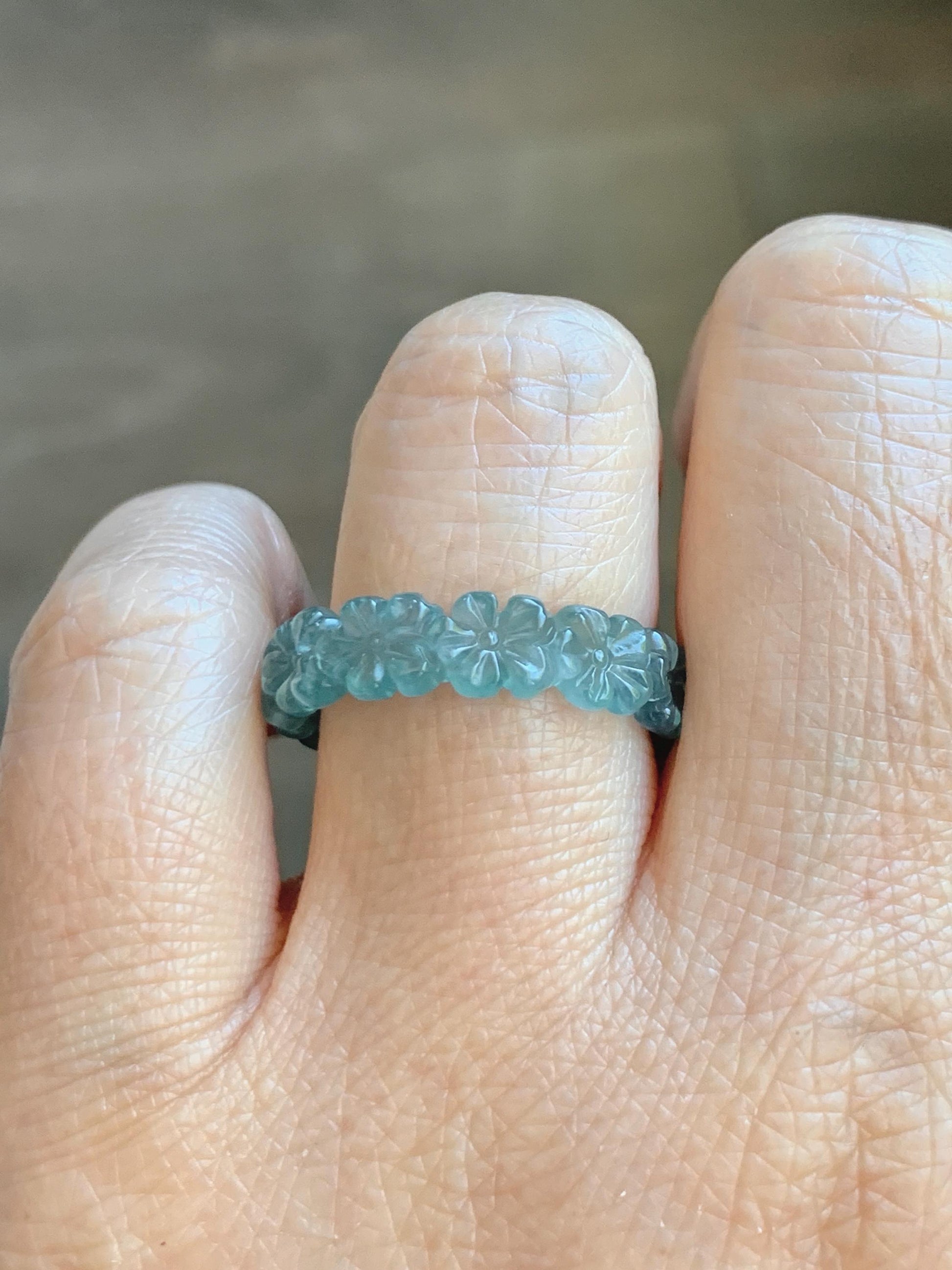 Certified Grade A Natural Guatemalan Icy Translucent Teal Blue Jade Jadeite Carved Cherry Blossom Band Ring Size 8 US 天然冰胶起光危蓝翡翠梅花戒圈 WMJ330B