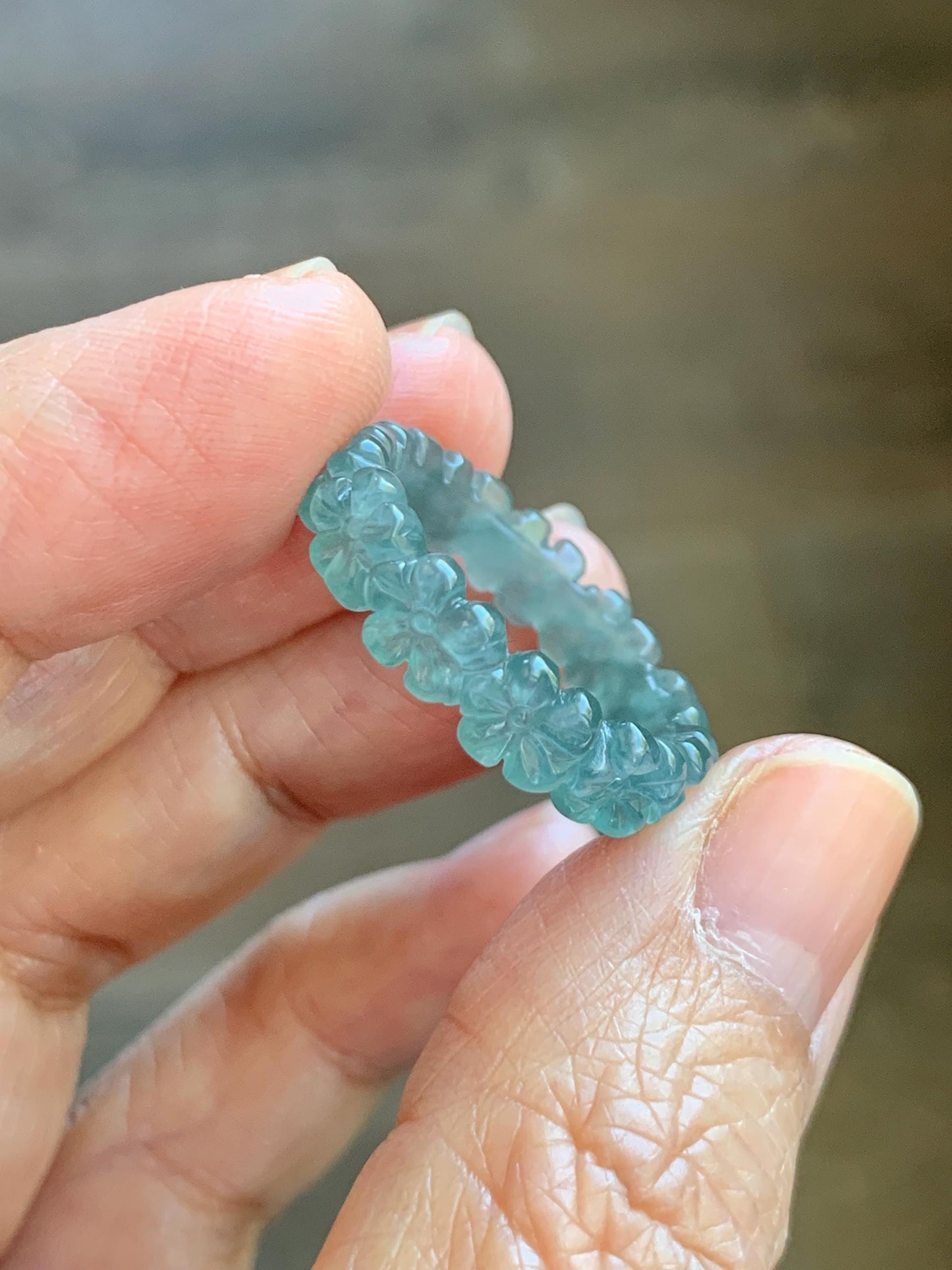 Certified Grade A Natural Guatemalan Icy Translucent Teal Blue Jade Jadeite Carved Cherry Blossom Band Ring Size 8 US 天然冰胶起光危蓝翡翠梅花戒圈 WMJ330B