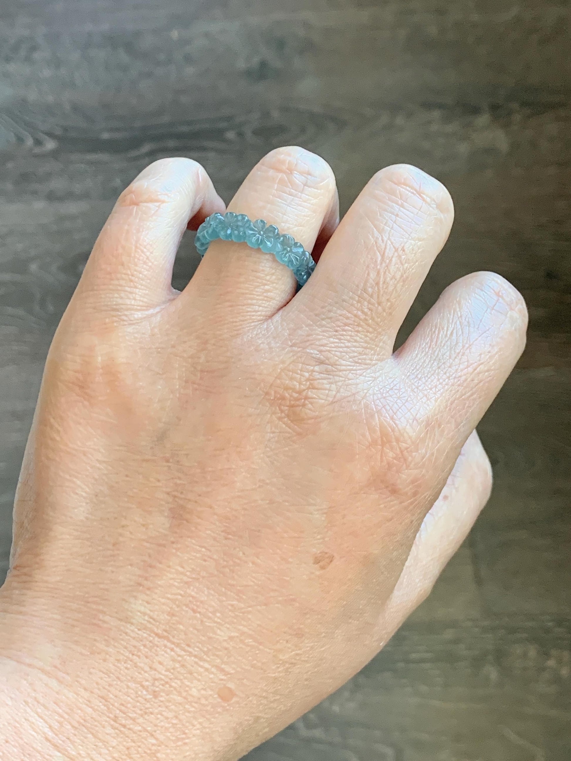 Certified Grade A Natural Guatemalan Icy Translucent Teal Blue Jade Jadeite Carved Cherry Blossom Band Ring Size 8 US 天然冰胶起光危蓝翡翠梅花戒圈 WMJ330B
