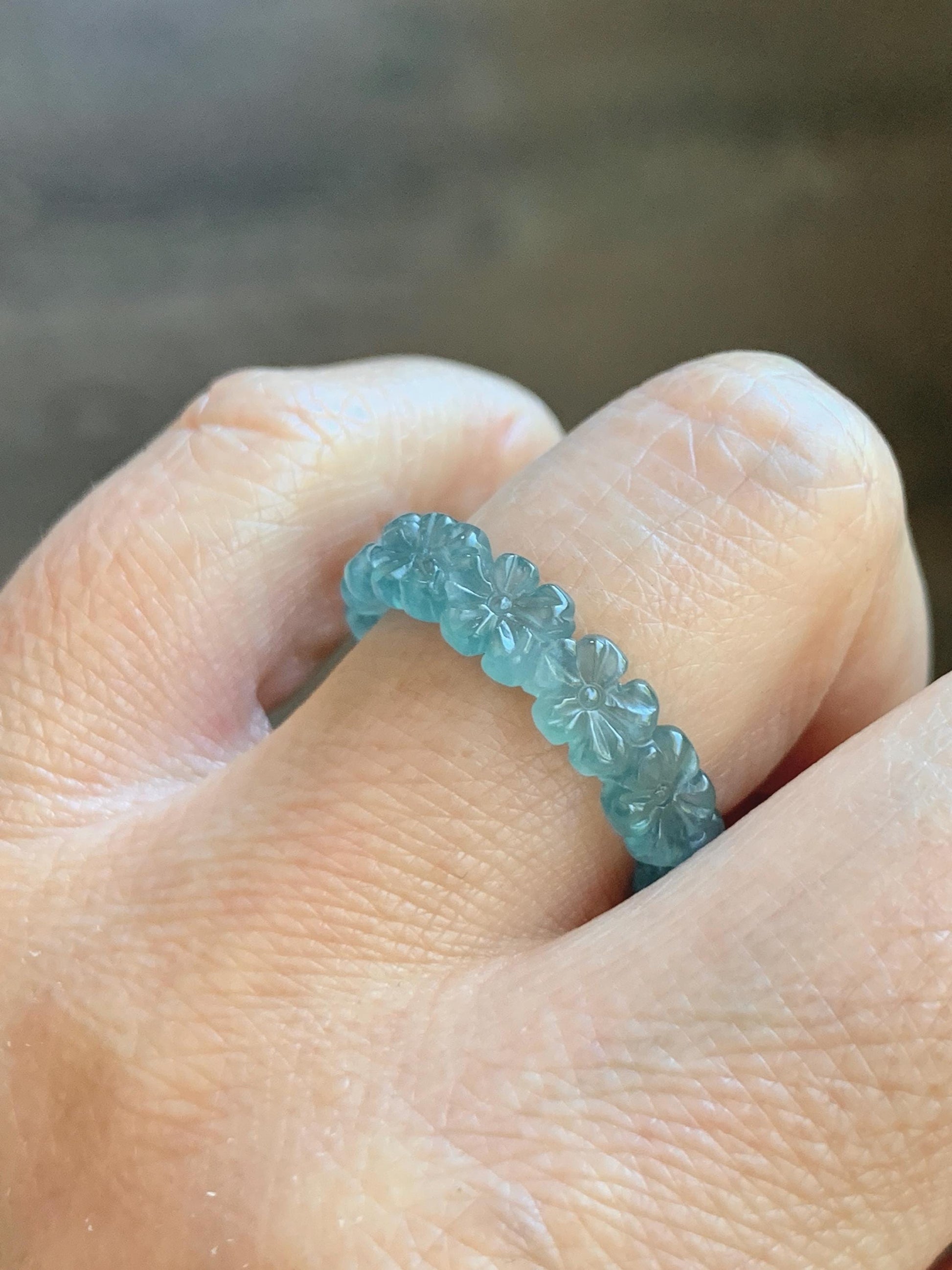 Certified Grade A Natural Guatemalan Icy Translucent Teal Blue Jade Jadeite Carved Cherry Blossom Band Ring Size 8 US 天然冰胶起光危蓝翡翠梅花戒圈 WMJ330B