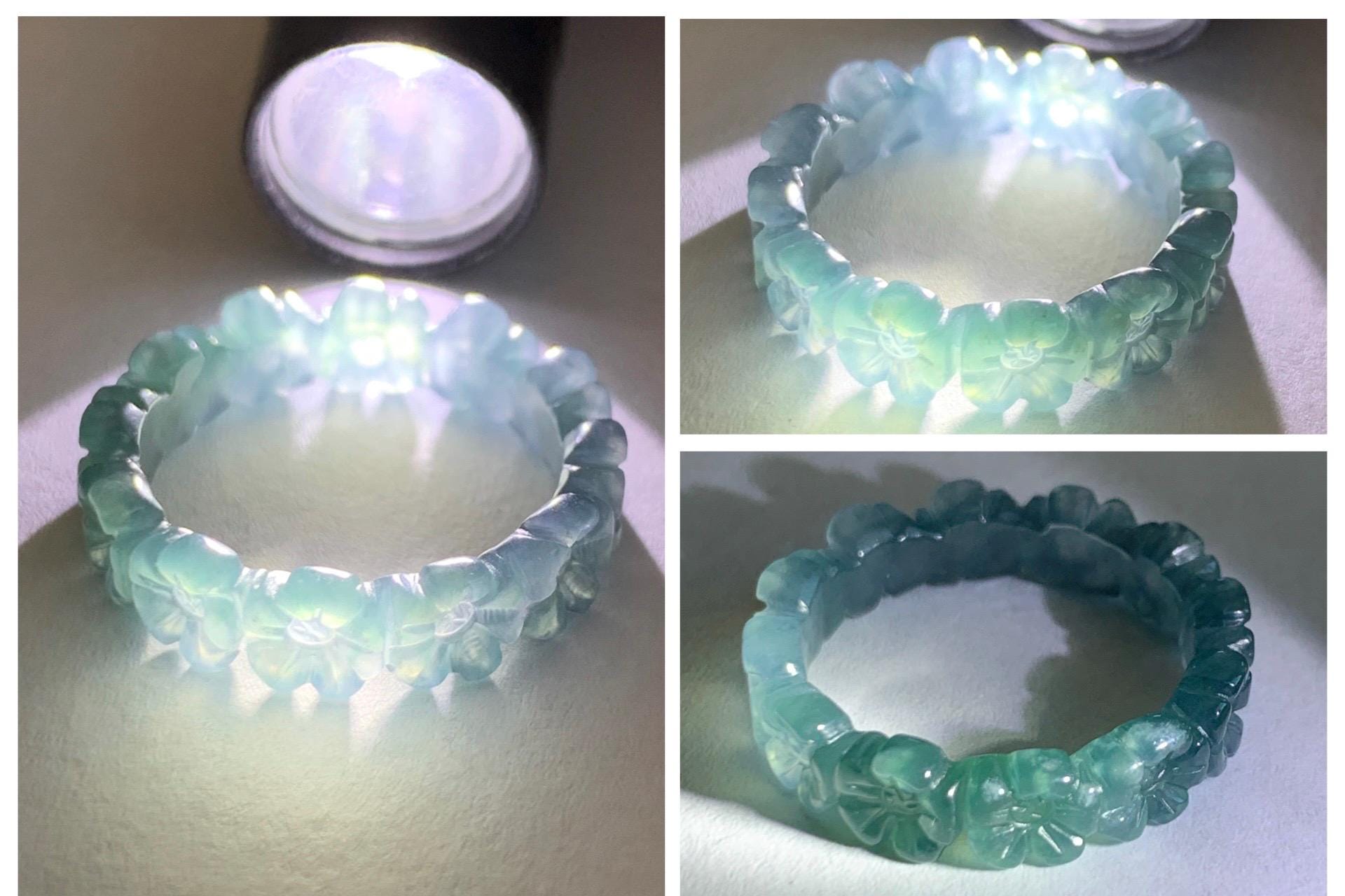 Certified Grade A Natural Guatemalan Icy Purplish Blue & Teal Jade Jadeite Carved Cherry Blossom Band Ring Size 7.75 天然冰胶起光危蓝紫翡翠梅花戒圈 WMJ330A