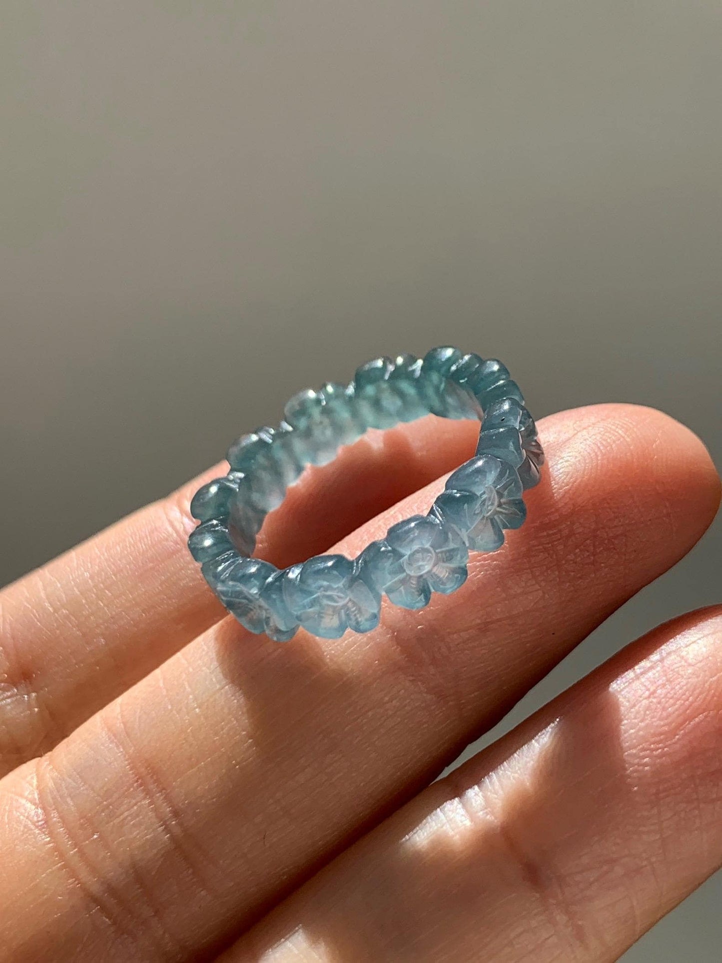 Certified Grade A Natural Guatemalan Icy Purplish Blue & Teal Jade Jadeite Carved Cherry Blossom Band Ring Size 7.75 天然冰胶起光危蓝紫翡翠梅花戒圈 WMJ330A