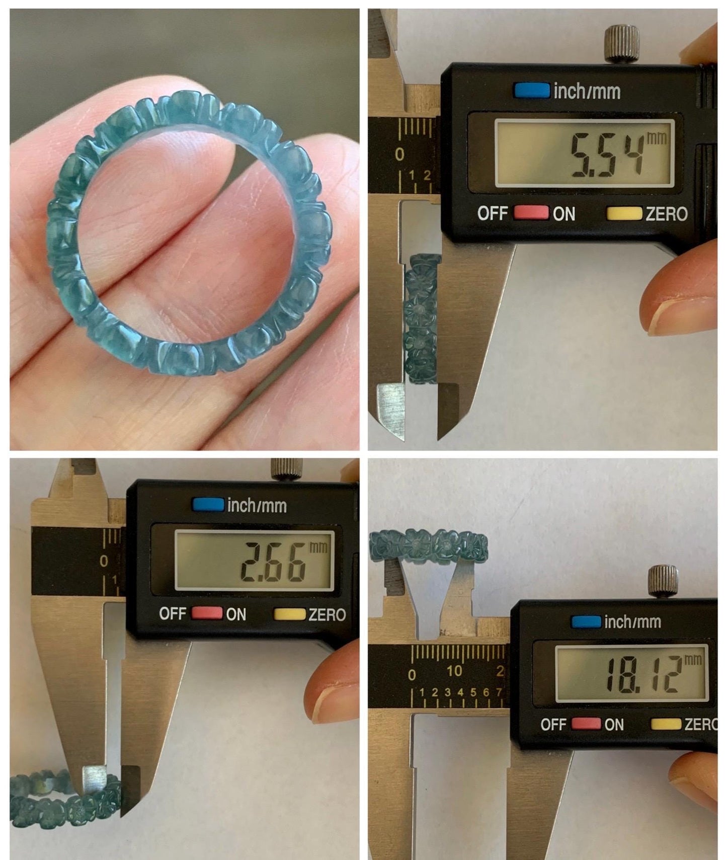 Certified Grade A Natural Guatemalan Icy Purplish Blue & Teal Jade Jadeite Carved Cherry Blossom Band Ring Size 7.75 天然冰胶起光危蓝紫翡翠梅花戒圈 WMJ330A