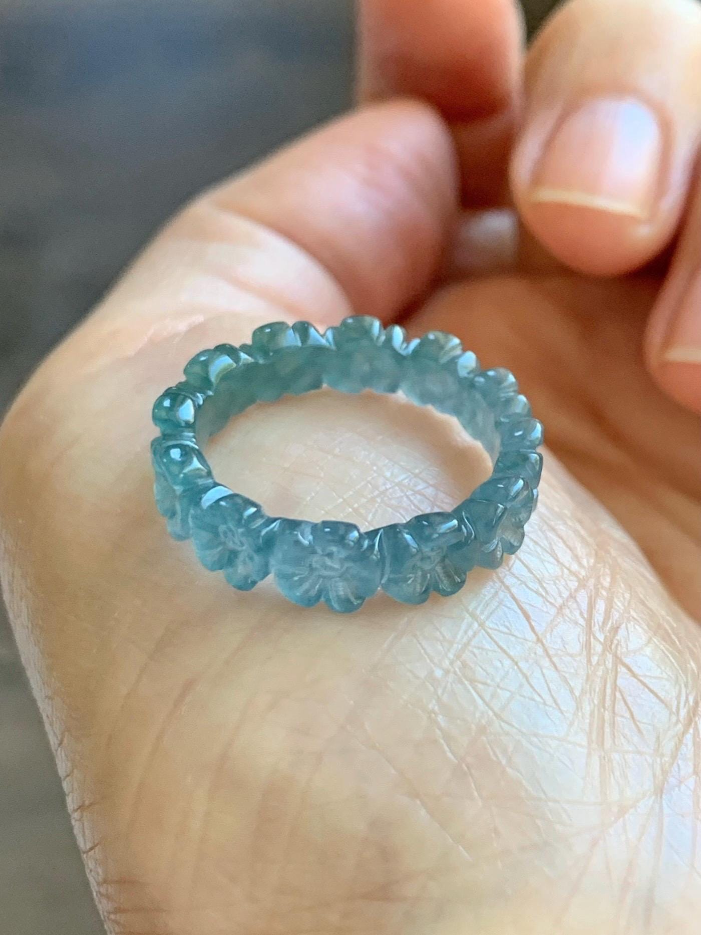Certified Grade A Natural Guatemalan Icy Purplish Blue & Teal Jade Jadeite Carved Cherry Blossom Band Ring Size 7.75 天然冰胶起光危蓝紫翡翠梅花戒圈 WMJ330A