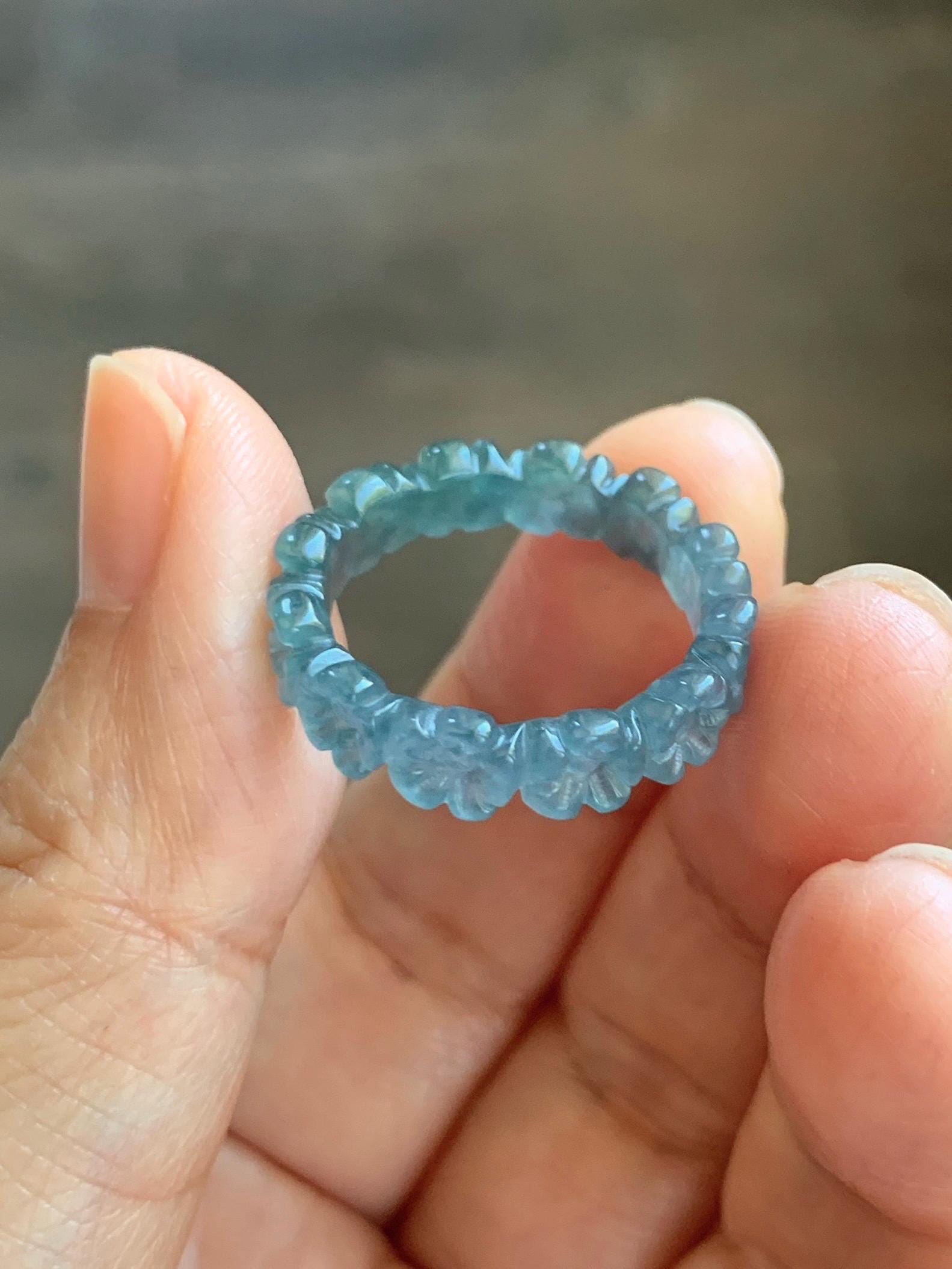 Certified Grade A Natural Guatemalan Icy Purplish Blue & Teal Jade Jadeite Carved Cherry Blossom Band Ring Size 7.75 天然冰胶起光危蓝紫翡翠梅花戒圈 WMJ330A