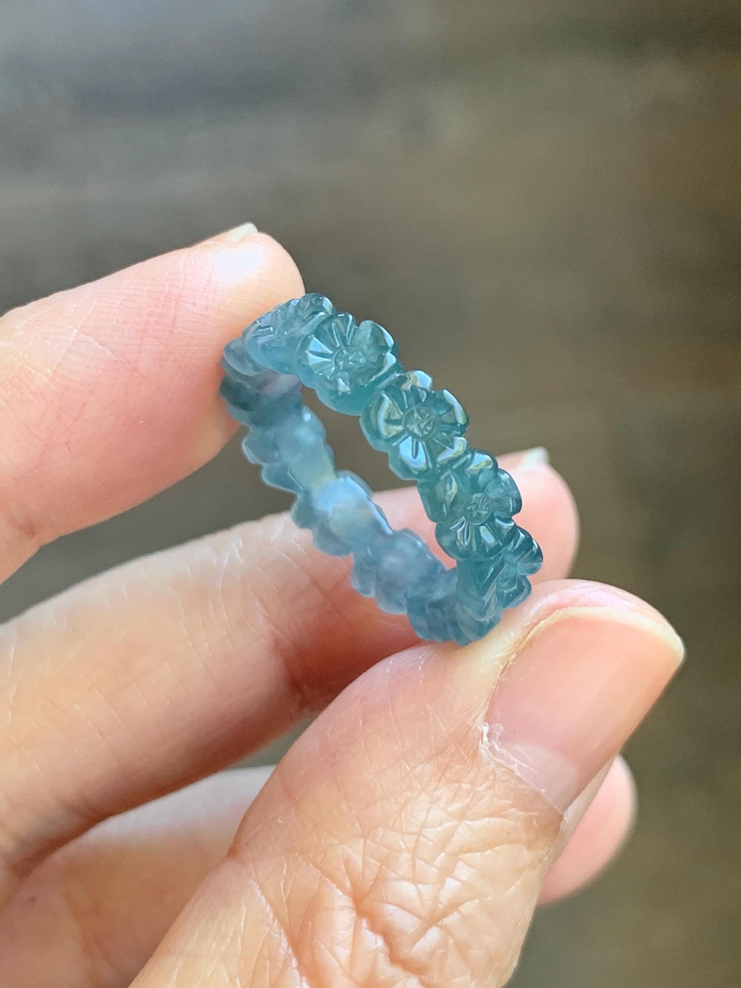 Certified Grade A Natural Guatemalan Icy Purplish Blue & Teal Jade Jadeite Carved Cherry Blossom Band Ring Size 7.75 天然冰胶起光危蓝紫翡翠梅花戒圈 WMJ330A