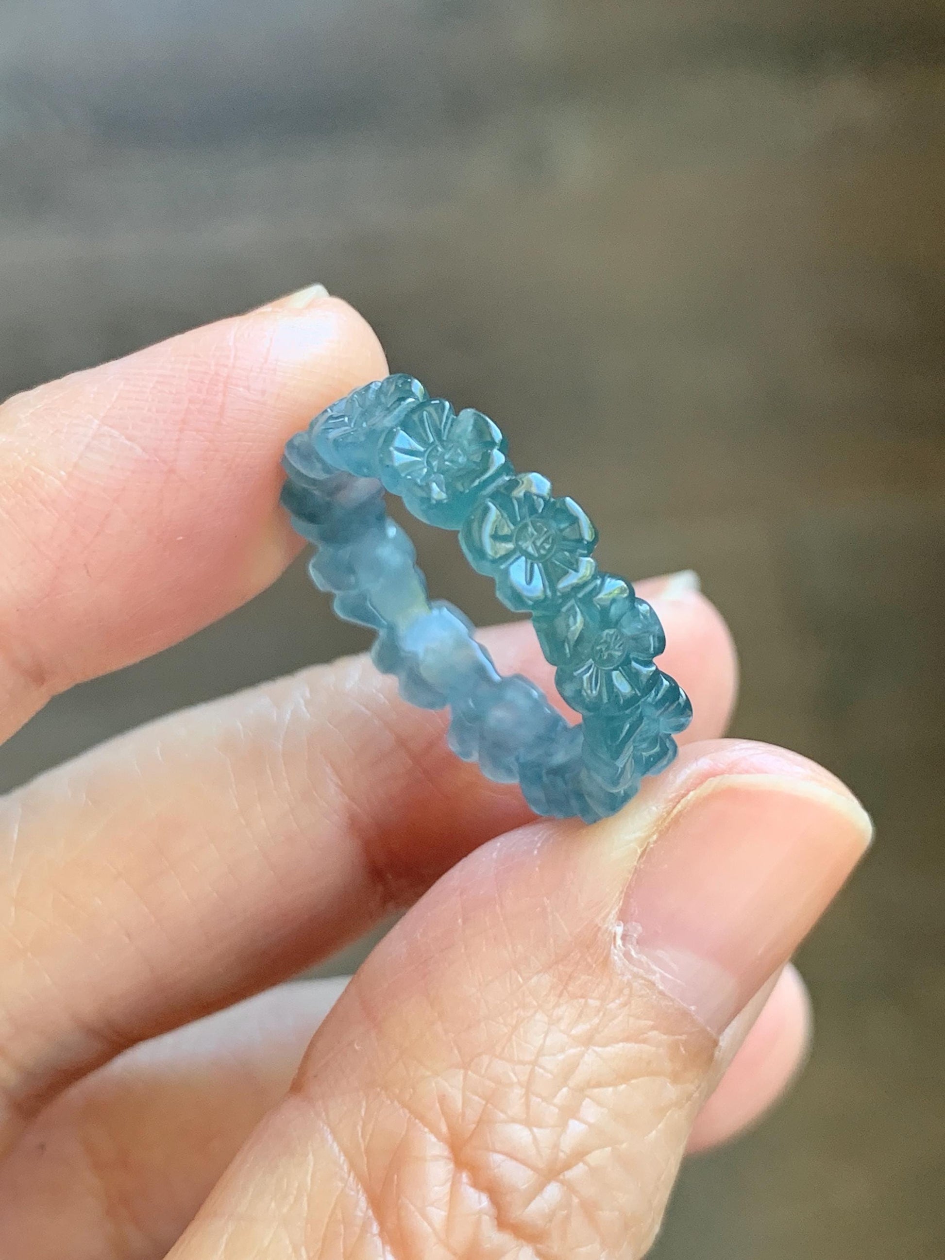 Certified Grade A Natural Guatemalan Icy Purplish Blue & Teal Jade Jadeite Carved Cherry Blossom Band Ring Size 7.75 天然冰胶起光危蓝紫翡翠梅花戒圈 WMJ330A