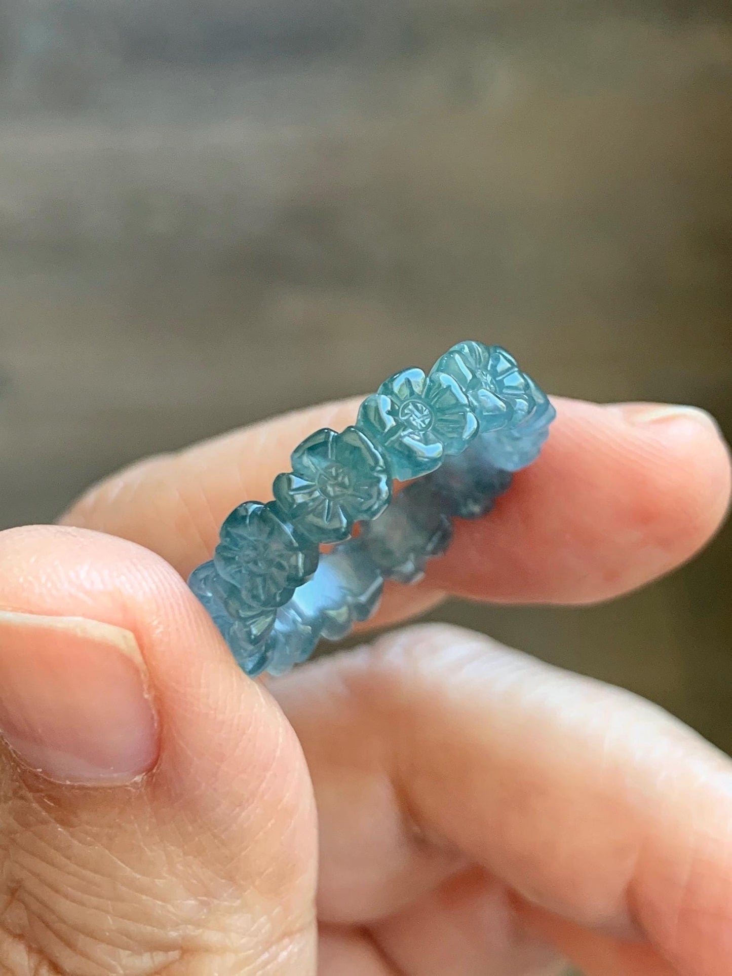 Certified Grade A Natural Guatemalan Icy Purplish Blue & Teal Jade Jadeite Carved Cherry Blossom Band Ring Size 7.75 天然冰胶起光危蓝紫翡翠梅花戒圈 WMJ330A