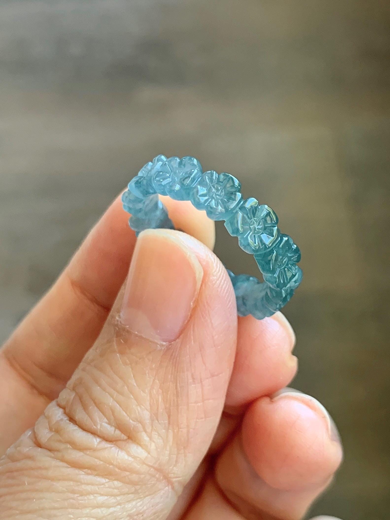 Certified Grade A Natural Guatemalan Icy Purplish Blue & Teal Jade Jadeite Carved Cherry Blossom Band Ring Size 7.75 天然冰胶起光危蓝紫翡翠梅花戒圈 WMJ330A
