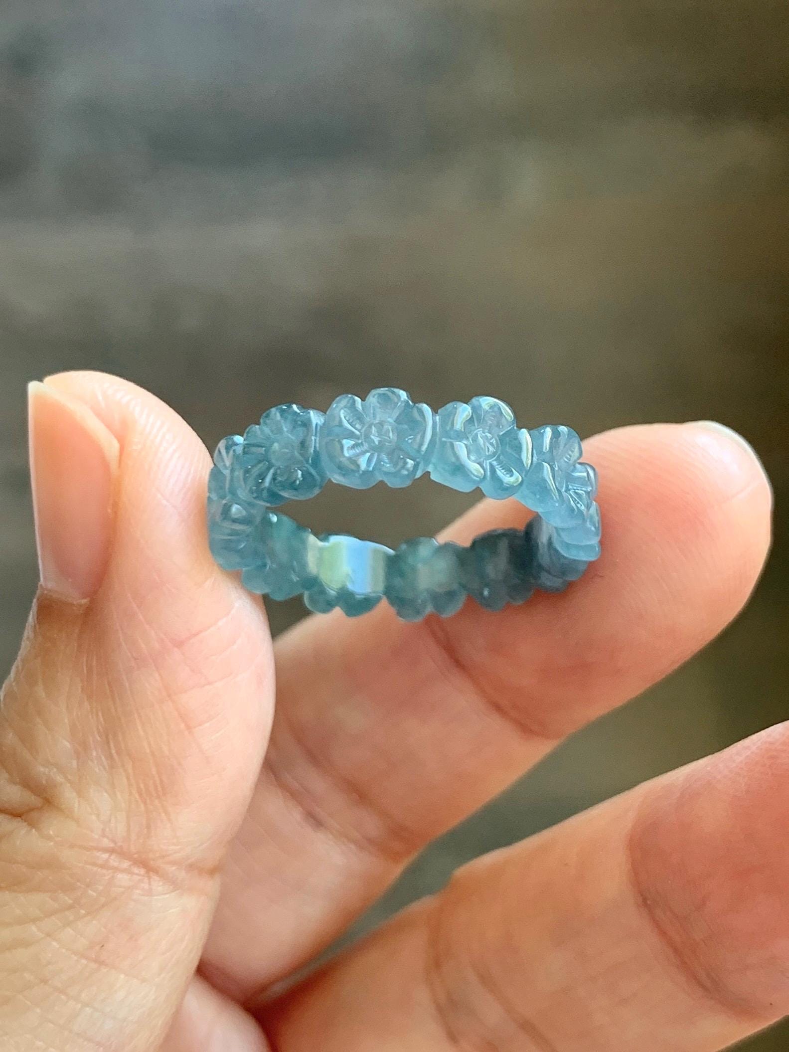 Certified Grade A Natural Guatemalan Icy Purplish Blue & Teal Jade Jadeite Carved Cherry Blossom Band Ring Size 7.75 天然冰胶起光危蓝紫翡翠梅花戒圈 WMJ330A