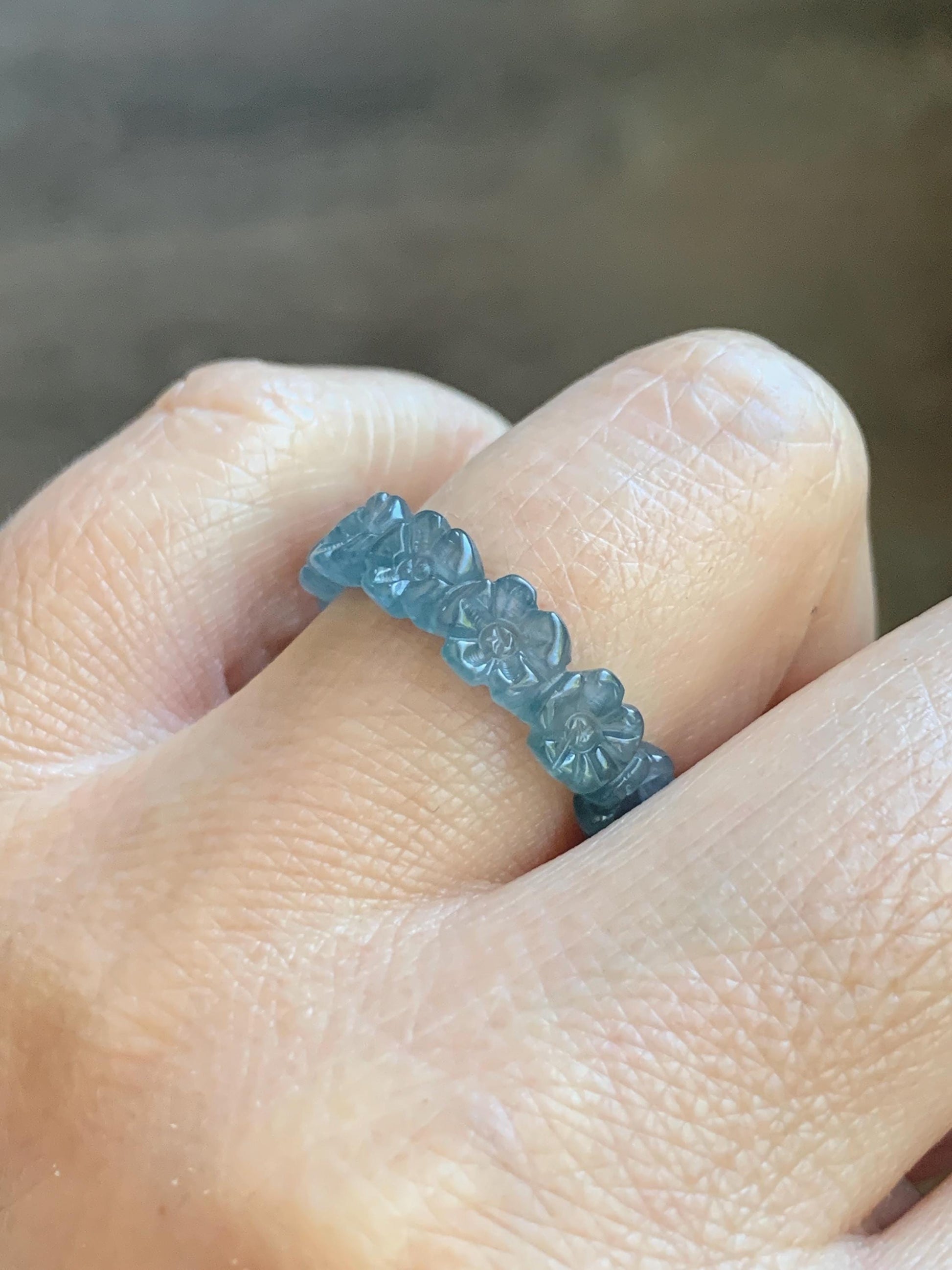 Certified Grade A Natural Guatemalan Icy Purplish Blue & Teal Jade Jadeite Carved Cherry Blossom Band Ring Size 7.75 天然冰胶起光危蓝紫翡翠梅花戒圈 WMJ330A