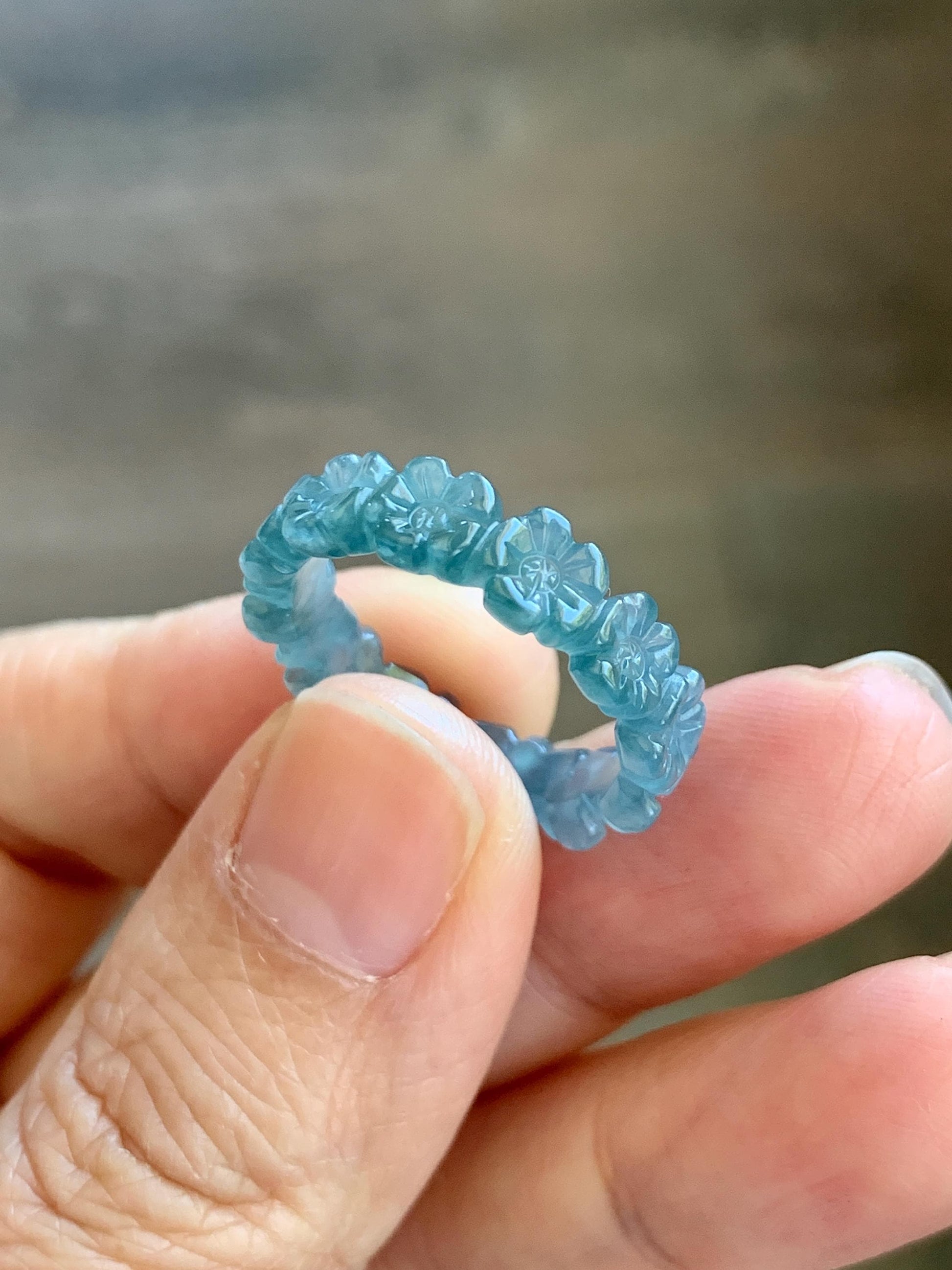 Certified Grade A Natural Guatemalan Icy Purplish Blue & Teal Jade Jadeite Carved Cherry Blossom Band Ring Size 7.75 天然冰胶起光危蓝紫翡翠梅花戒圈 WMJ330A