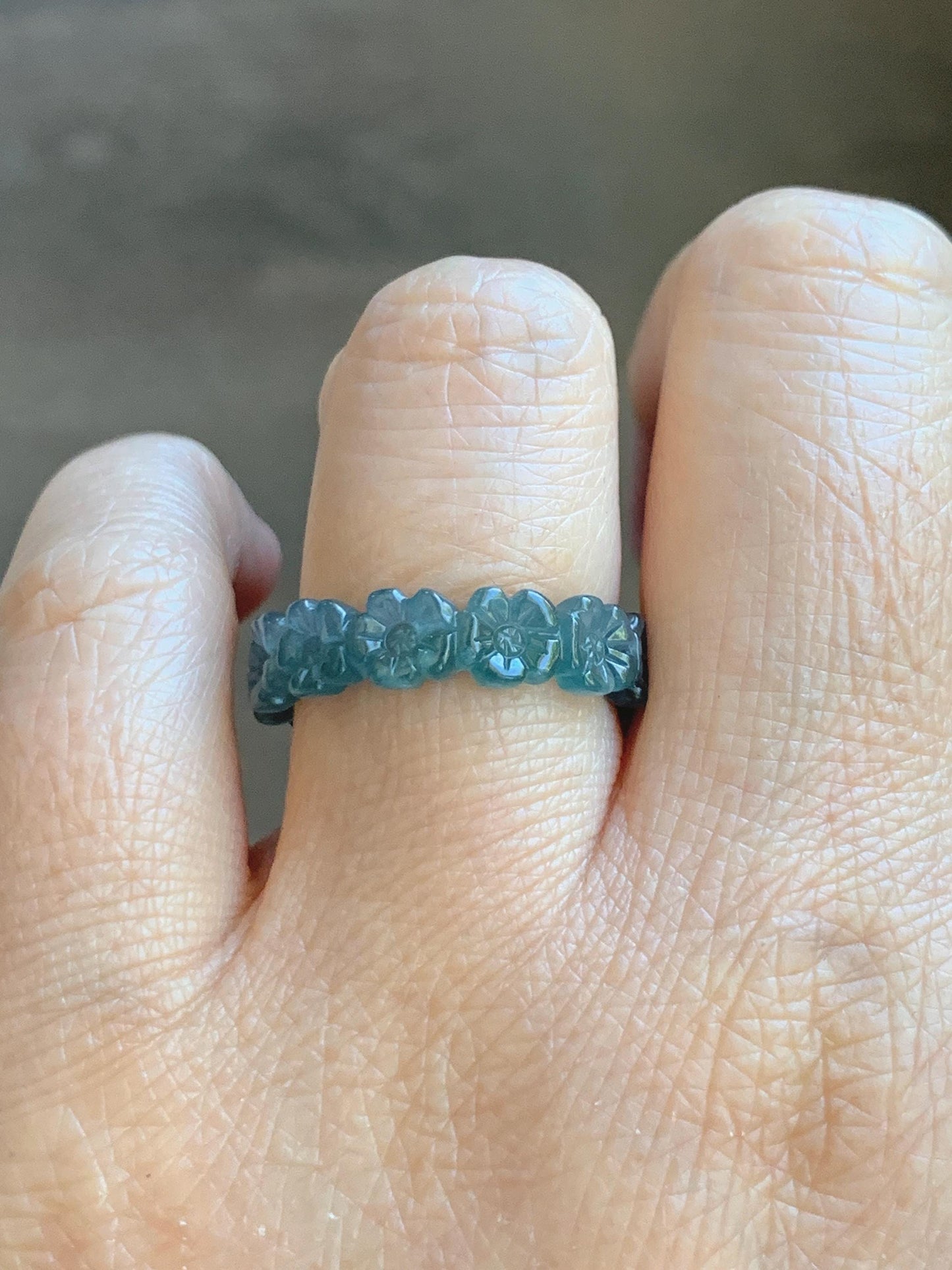 Certified Grade A Natural Guatemalan Icy Purplish Blue & Teal Jade Jadeite Carved Cherry Blossom Band Ring Size 7.75 天然冰胶起光危蓝紫翡翠梅花戒圈 WMJ330A