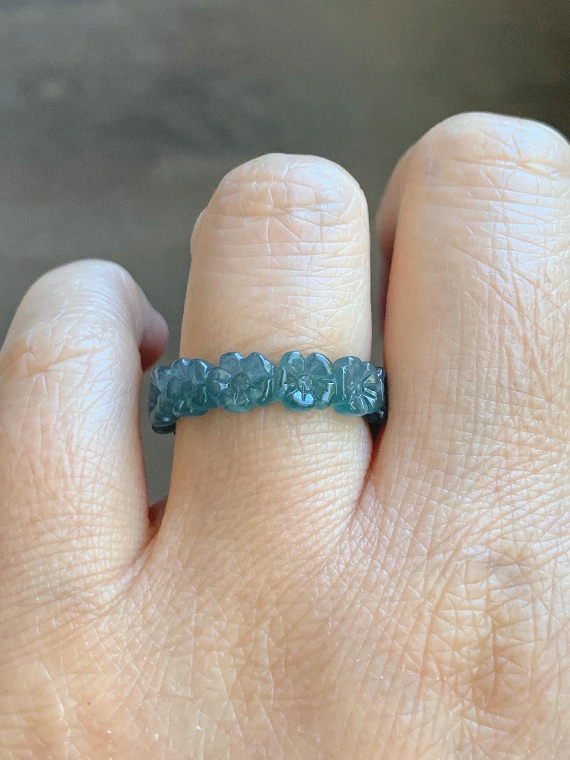 Certified Grade A Natural Guatemalan Icy Purplish Blue & Teal Jade Jadeite Carved Cherry Blossom Band Ring Size 7.75 天然冰胶起光危蓝紫翡翠梅花戒圈 WMJ330A