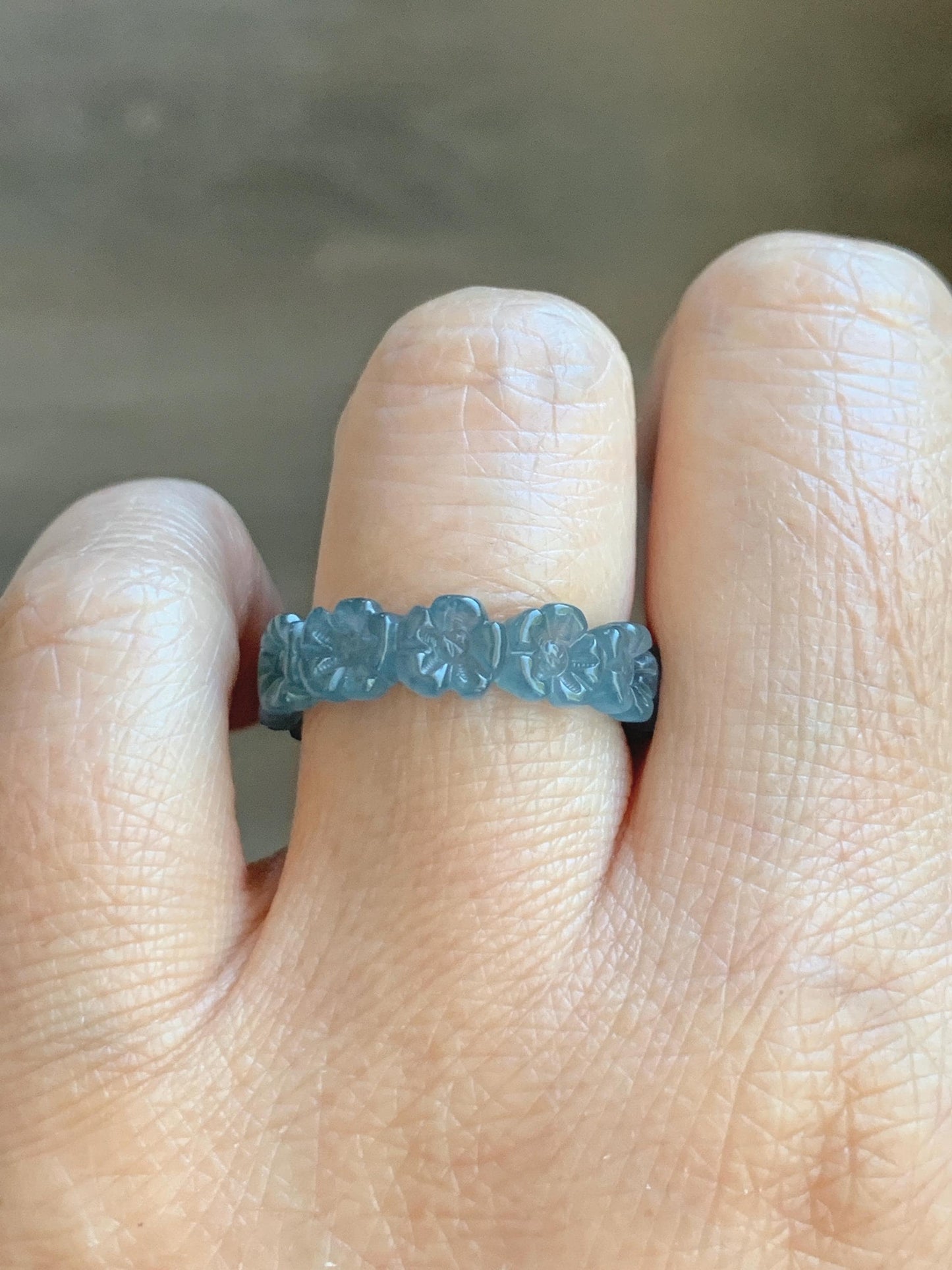 Certified Grade A Natural Guatemalan Icy Purplish Blue & Teal Jade Jadeite Carved Cherry Blossom Band Ring Size 7.75 天然冰胶起光危蓝紫翡翠梅花戒圈 WMJ330A