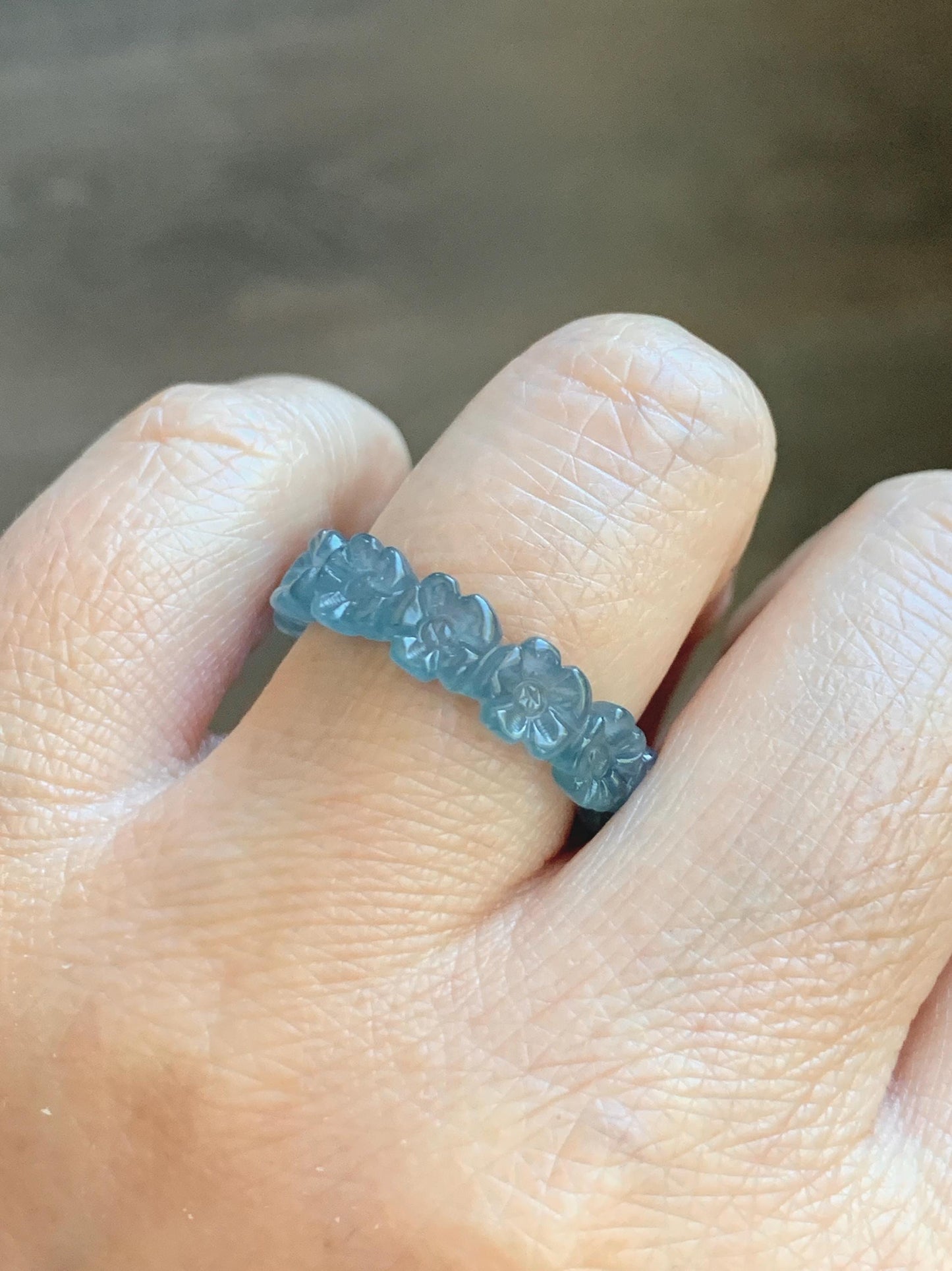 Certified Grade A Natural Guatemalan Icy Purplish Blue & Teal Jade Jadeite Carved Cherry Blossom Band Ring Size 7.75 天然冰胶起光危蓝紫翡翠梅花戒圈 WMJ330A