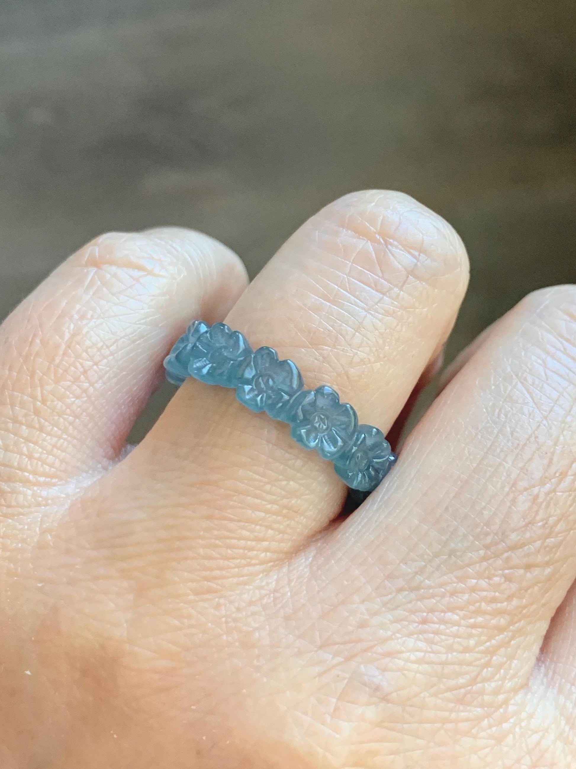 Certified Grade A Natural Guatemalan Icy Purplish Blue & Teal Jade Jadeite Carved Cherry Blossom Band Ring Size 7.75 天然冰胶起光危蓝紫翡翠梅花戒圈 WMJ330A