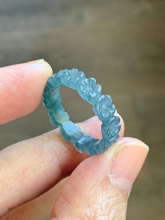 Certified Grade A Natural Guatemalan Icy Purplish Blue & Teal Jade Jadeite Carved Cherry Blossom Band Ring Size 7.75 天然冰胶起光危蓝紫翡翠梅花戒圈 WMJ330A