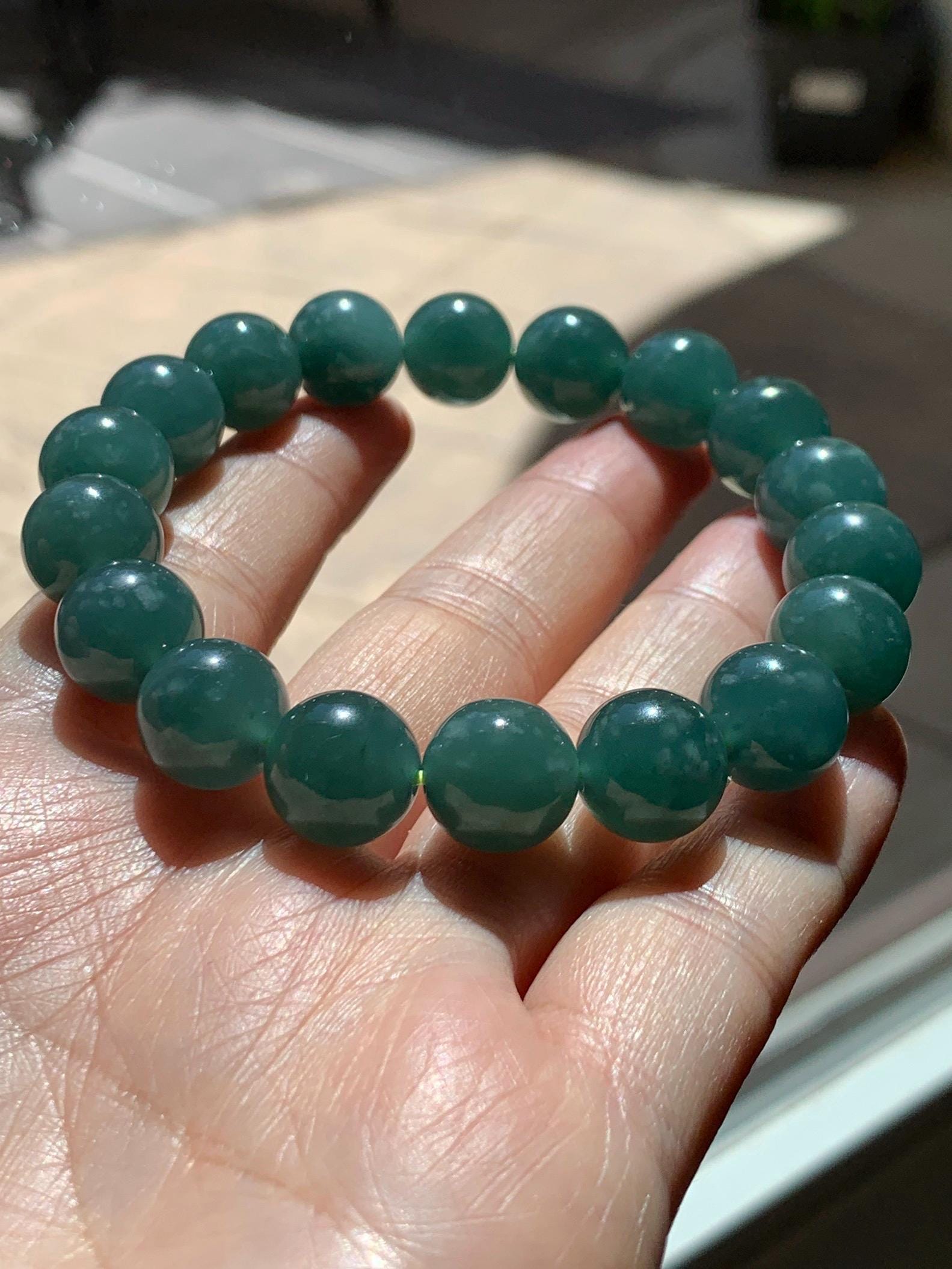 Natural Guatemalan Grade A Icy Translucent Dark Teal Green Jade Jadeite Beaded Bracelet Stretchy 11.7mm 8” 49g 天然冰危老种深蓝绿翡翠圆珠手串 WDL580