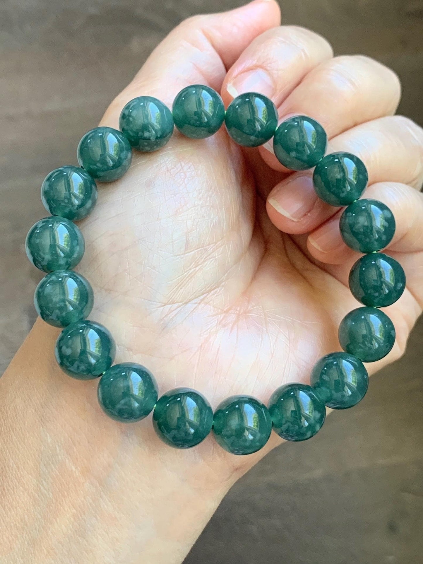 Natural Guatemalan Grade A Icy Translucent Dark Teal Green Jade Jadeite Beaded Bracelet Stretchy 11.7mm 8” 49g 天然冰危老种深蓝绿翡翠圆珠手串 WDL580